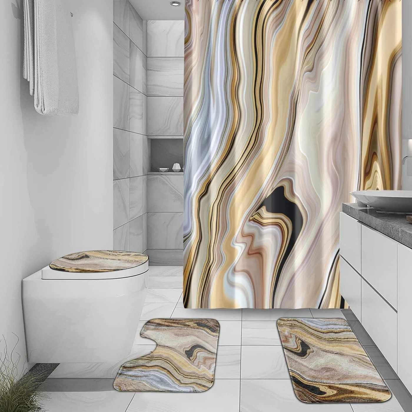 ست پرده حمام طرح سنگ مرمر طلایی 4 تکه با پادری، پرده حمام انتزاعی، پادری جاذب و ضد لغزش، پادری دور توالت و روکش درب توالت، بافت لوکس جوهر مشکی 183x183 سانتی متر ست پرده حمام طرح سنگ مرمر طلایی 4 تکه با پادری، پرده حمام انتزاعی، پادری جاذب و ضد لغزش، پادری دور توالت و روکش درب توالت، بافت لوکس جوهر مشکی 183x183 سانتی متر