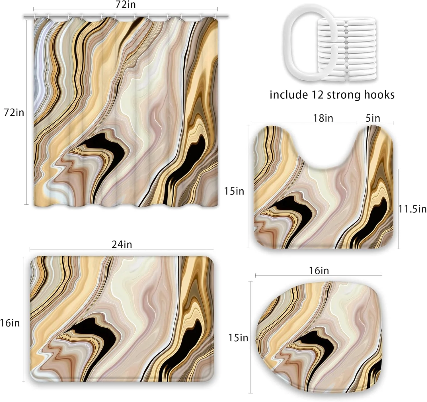 ست پرده حمام 4 تکه طرح سنگ مرمر طلایی به همراه پادری، پرده حمام طرح آبستره، پادری ضد لغزش و جاذب آب، پادری دور توالت و روکش درب توالت، بافت لوکس جوهر مشکی، سایز 72x72 اینچ ست پرده حمام 4 تکه طرح سنگ مرمر طلایی به همراه پادری، پرده حمام طرح آبستره، پادری ضد لغزش و جاذب آب، پادری دور توالت و روکش درب توالت، بافت لوکس جوهر مشکی، سایز 72x72 اینچ