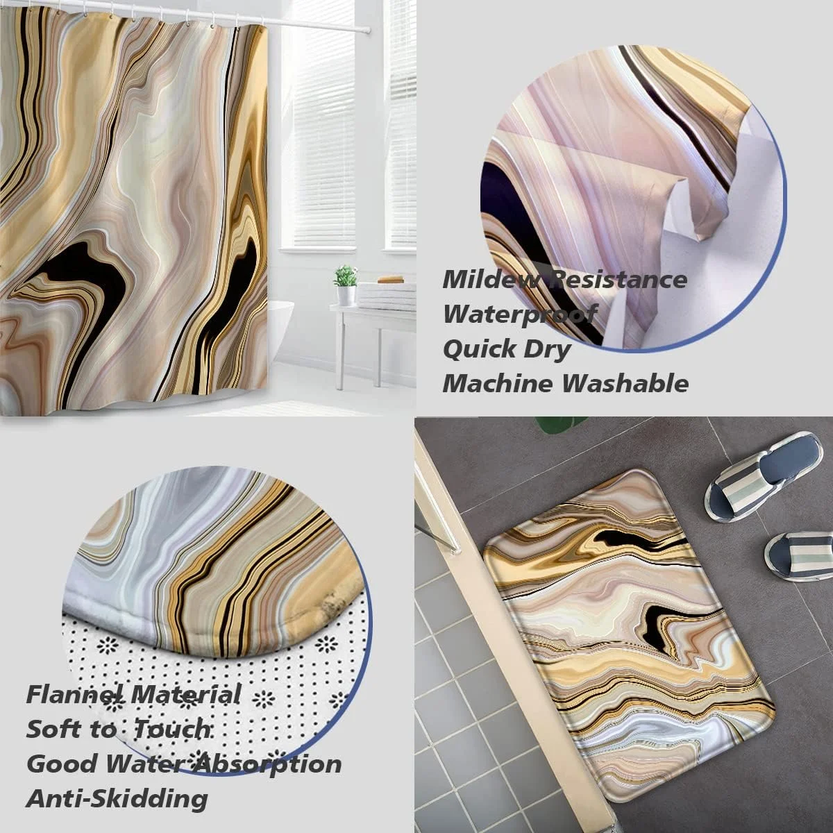 ست پرده حمام 4 تکه طرح سنگ مرمر طلایی به همراه پادری، پرده حمام طرح آبستره، پادری ضد لغزش و جاذب آب، پادری دور توالت و روکش درب توالت، بافت لوکس جوهر مشکی، سایز 72x72 اینچ ست پرده حمام 4 تکه طرح سنگ مرمر طلایی به همراه پادری، پرده حمام طرح آبستره، پادری ضد لغزش و جاذب آب، پادری دور توالت و روکش درب توالت، بافت لوکس جوهر مشکی، سایز 72x72 اینچ