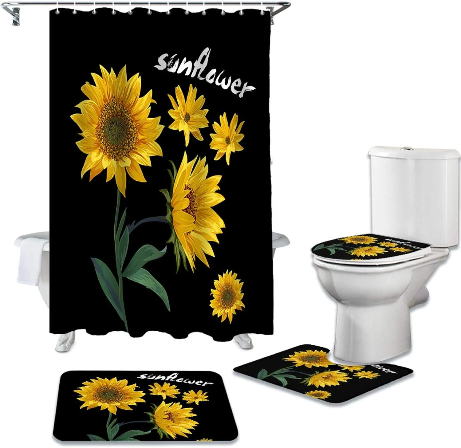 ست پرده حمام طرح آفتابگردان نوردیک مشکی به همراه زیرانداز، فرش و روکش درب توالت، مناسب برای دکوراسیون منزل و هدیه ست پرده حمام طرح آفتابگردان نوردیک مشکی به همراه زیرانداز، فرش و روکش درب توالت، مناسب برای دکوراسیون منزل و هدیه