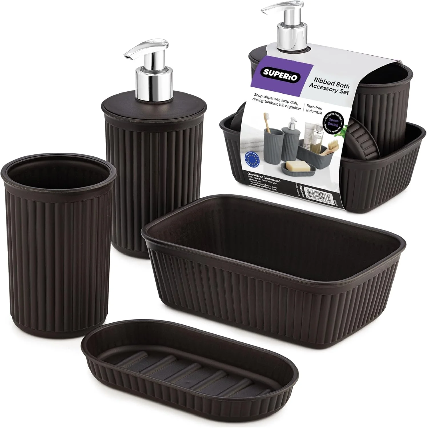 مجموعه راه راه سوپریو - ست لوازم جانبی پلاستیکی تزئینی حمام، قهوه ای (ست 4 تکه) جای صابون، جای مایع، جا مسواکی، سینی سازمان دهنده روشویی، دکور هدیه روی میز حمام مجموعه راه راه سوپریو - ست لوازم جانبی پلاستیکی تزئینی حمام، قهوه ای (ست 4 تکه) جای صابون، جای مایع، جا مسواکی، سینی سازمان دهنده روشویی، دکور هدیه روی میز حمام