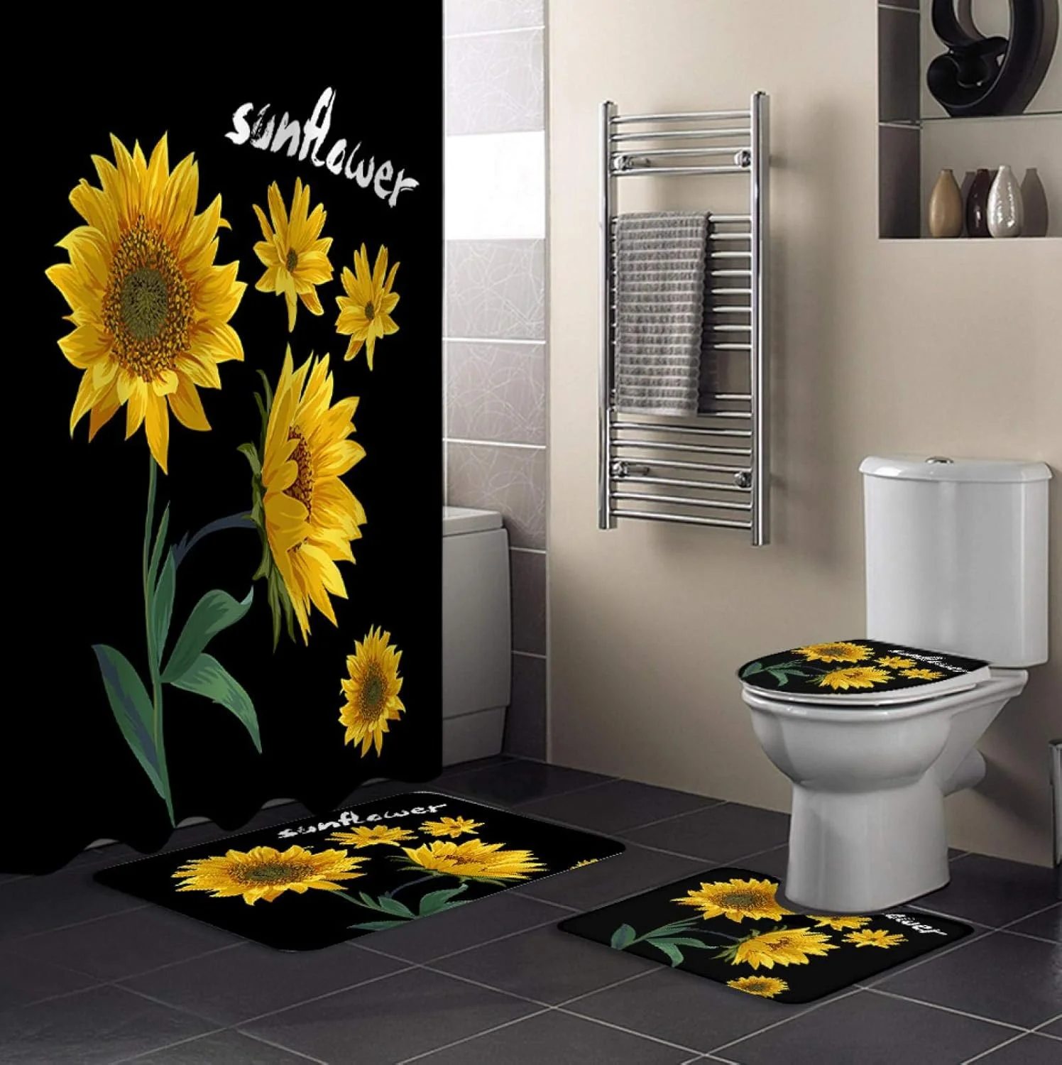 ست پرده حمام طرح آفتابگردان نوردیک مشکی به همراه پادری و روکش درب توالت، مناسب برای دکوراسیون منزل و هدیه ست پرده حمام طرح آفتابگردان نوردیک مشکی به همراه پادری و روکش درب توالت، مناسب برای دکوراسیون منزل و هدیه