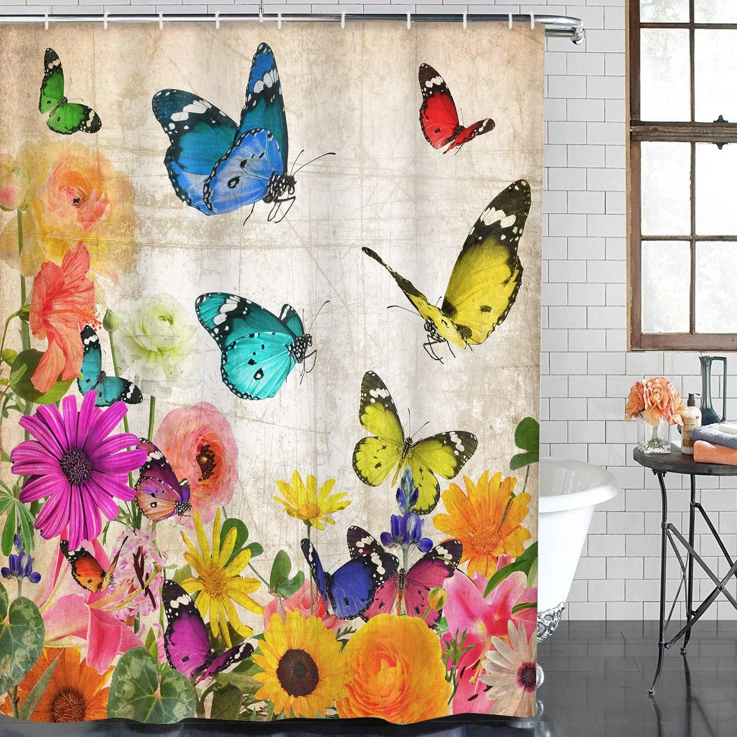 ست لوازم حمام با طرح گل و پروانه شامل پرده حمام و پادری، پرده حمام با طرح پروانه برای دکوراسیون حمام با طرح گل قدیمی، 4 تکه ست لوازم حمام با طرح گل و پروانه شامل پرده حمام و پادری، پرده حمام با طرح پروانه برای دکوراسیون حمام با طرح گل قدیمی، 4 تکه