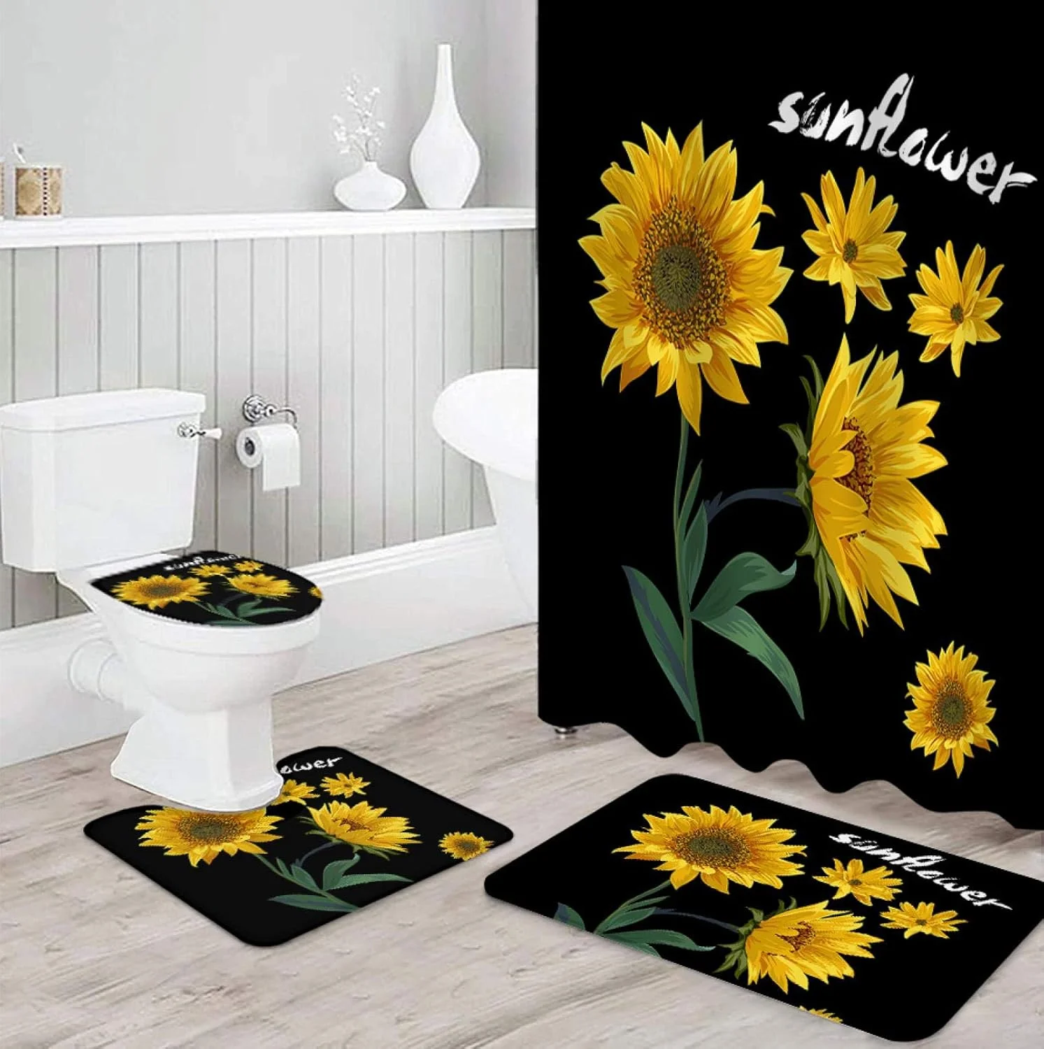 ست پرده حمام طرح آفتابگردان نوردیک مشکی به همراه زیرانداز، پادری و روکش درب توالت، مناسب دکوراسیون منزل و هدیه ست پرده حمام طرح آفتابگردان نوردیک مشکی به همراه زیرانداز، پادری و روکش درب توالت، مناسب دکوراسیون منزل و هدیه