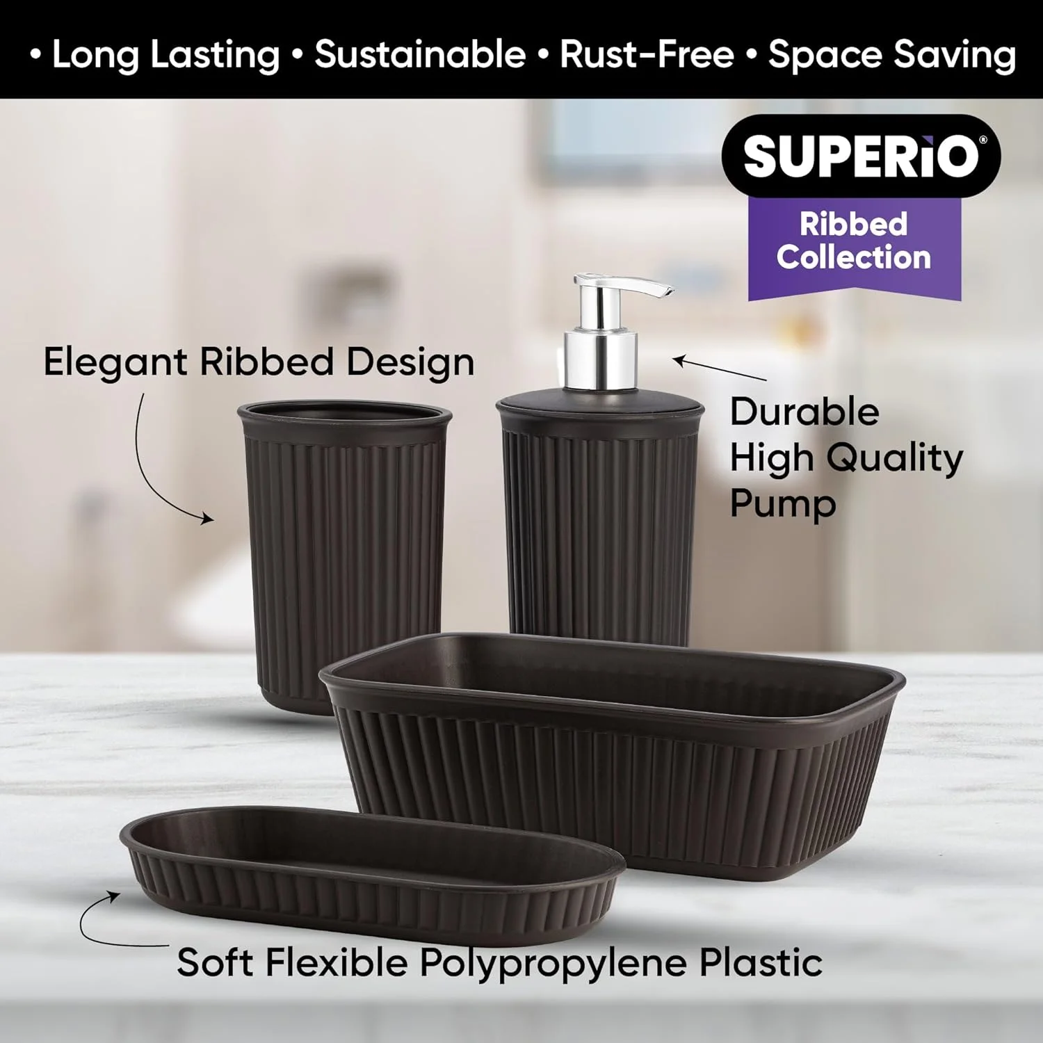 مجموعه راه راه سوپریو - ست لوازم جانبی پلاستیکی تزئینی حمام، قهوه ای (ست 4 تکه) جای صابون، جای مایع، جا مسواکی، سینی سازمان دهنده روشویی، دکور هدیه روی میز حمام