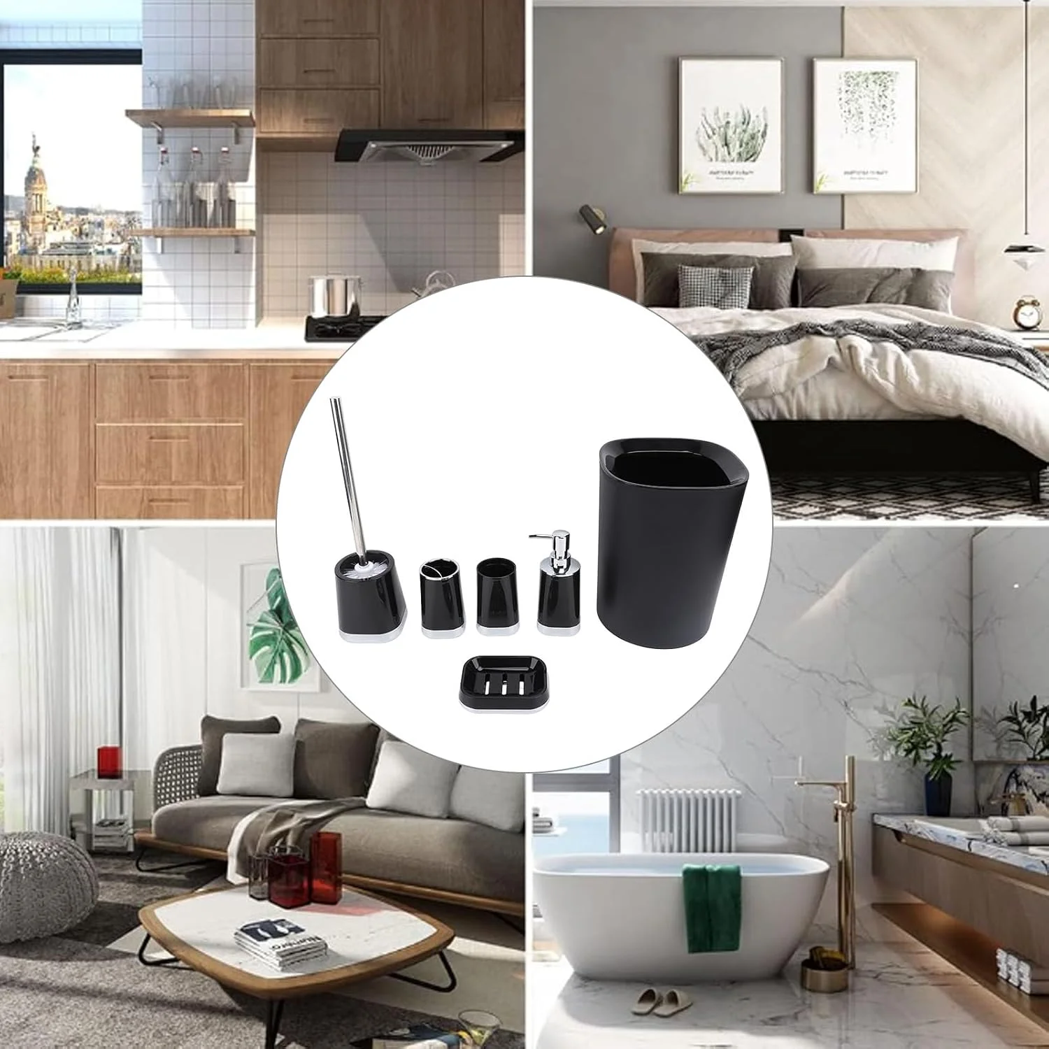ست لوازم جانبی حمام Sunisfa، ساخته شده از مواد PP با کیفیت، طراحی مدرن و مینیمالیستی، استفاده آسان، ست کاربردی حمام برای منزل شامل سطل زباله، جا مایع صابون و برس توالت