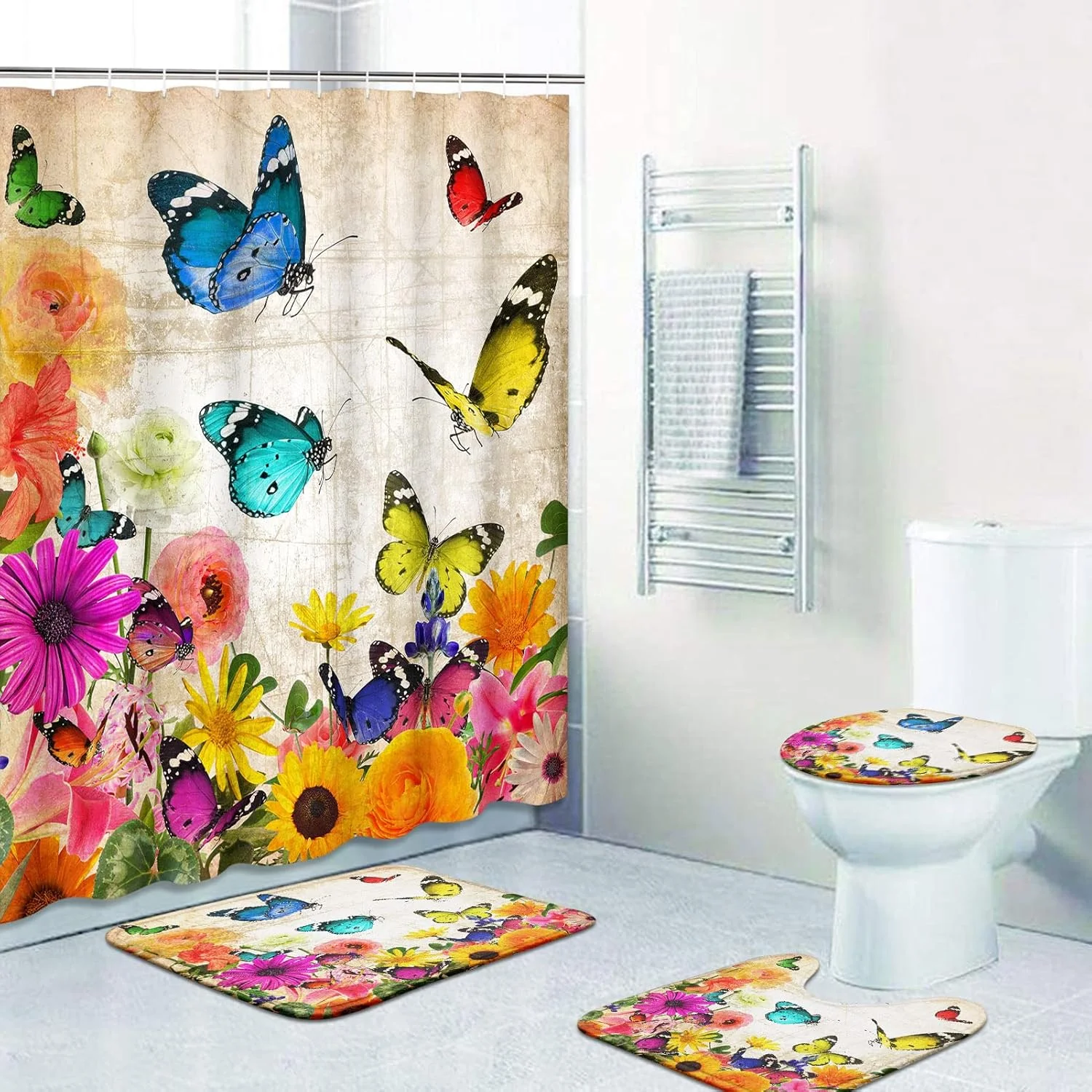 ست لوازم حمام با طرح گل و پروانه شامل پرده حمام و پادری، پرده حمام با طرح پروانه برای دکوراسیون حمام با طرح گل قدیمی، 4 تکه ست لوازم حمام با طرح گل و پروانه شامل پرده حمام و پادری، پرده حمام با طرح پروانه برای دکوراسیون حمام با طرح گل قدیمی، 4 تکه