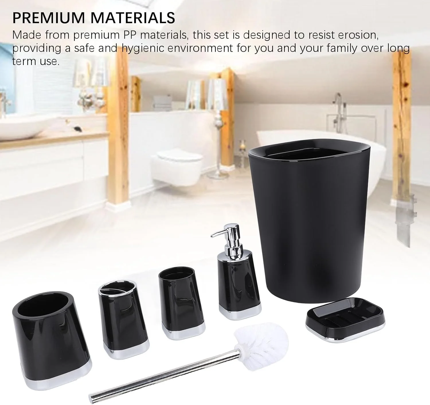 ست لوازم جانبی حمام Sunisfa، ساخته شده از مواد PP با کیفیت، طراحی مدرن و مینیمالیستی، استفاده آسان، ست کاربردی حمام برای منزل شامل سطل زباله، جا مایع صابون و برس توالت