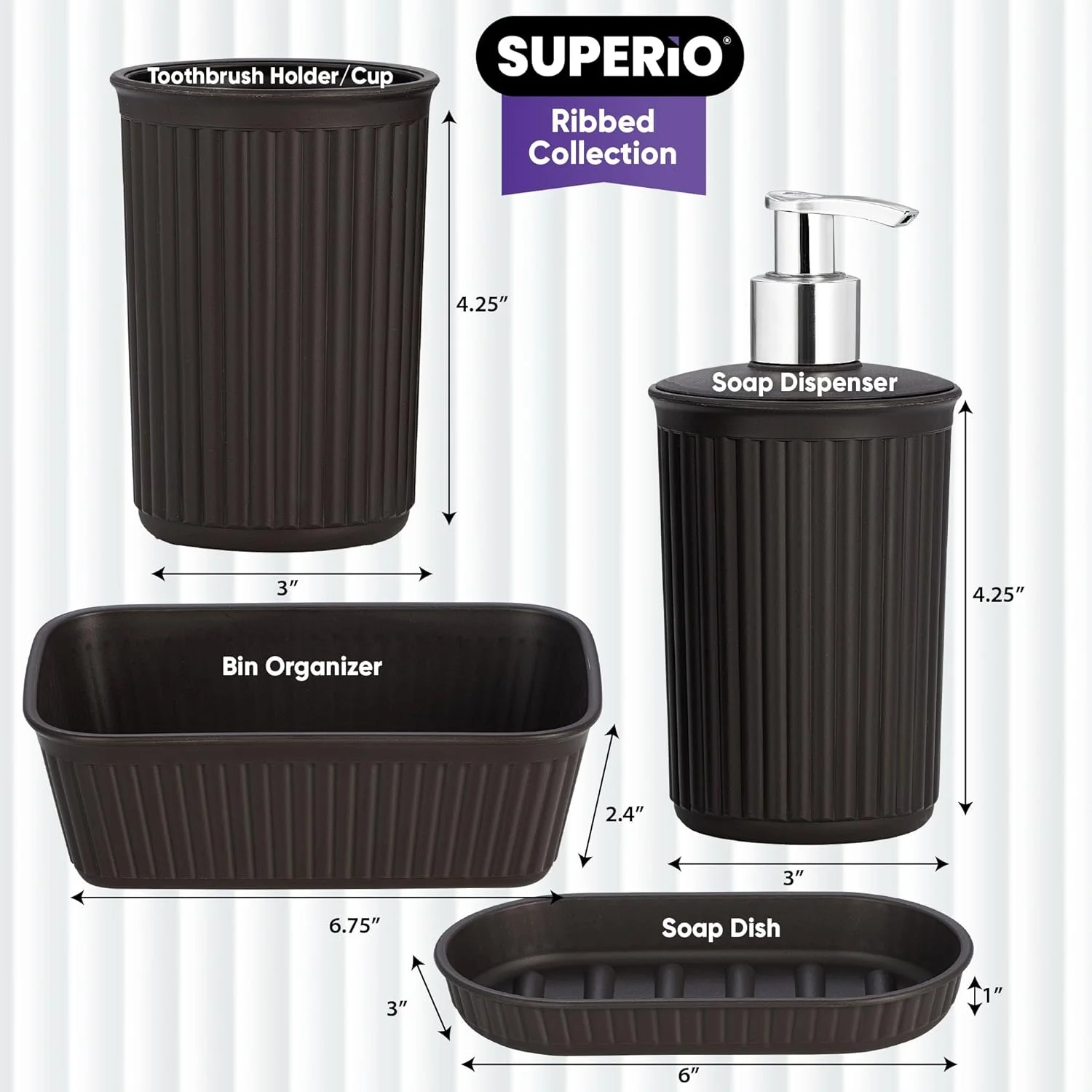 مجموعه راه راه سوپریو - ست لوازم جانبی پلاستیکی تزئینی حمام، قهوه ای (ست 4 تکه) جای صابون، پخش کننده مایع، جا مسواکی، سینی سازمان دهنده روشویی، دکور هدیه رومیزی حمام