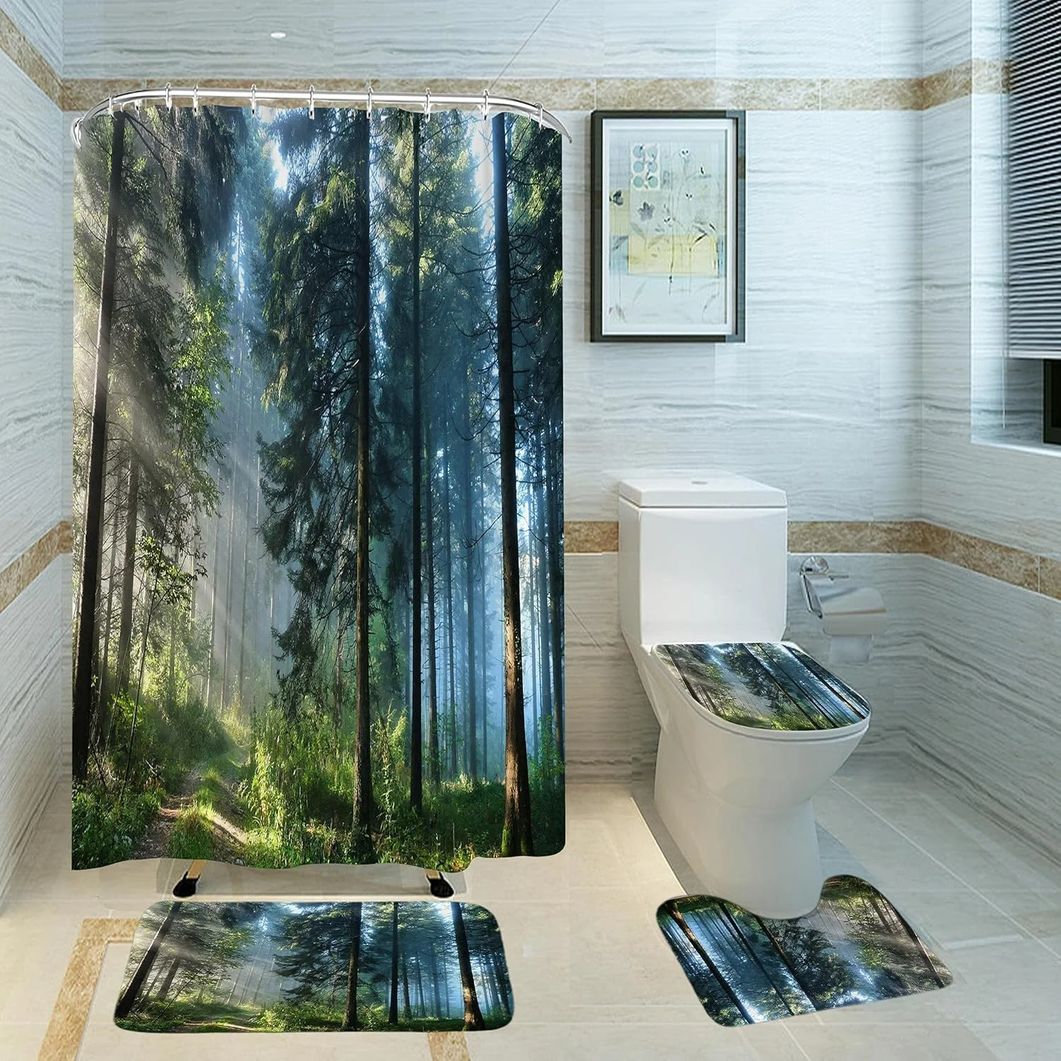 ست پرده حمام طرح درختان آفتابی شامل ۴ تکه، همراه با ۱۲ عدد حلقه آویز، فرش ضد لغزش، روکش درب توالت، پادری، پرده حمام طرح جنگل مه آلود، پرده حمام ضد آب از جنس پارچه، ابعاد ۱۸۰ × ۱۸۰ سانتی متر