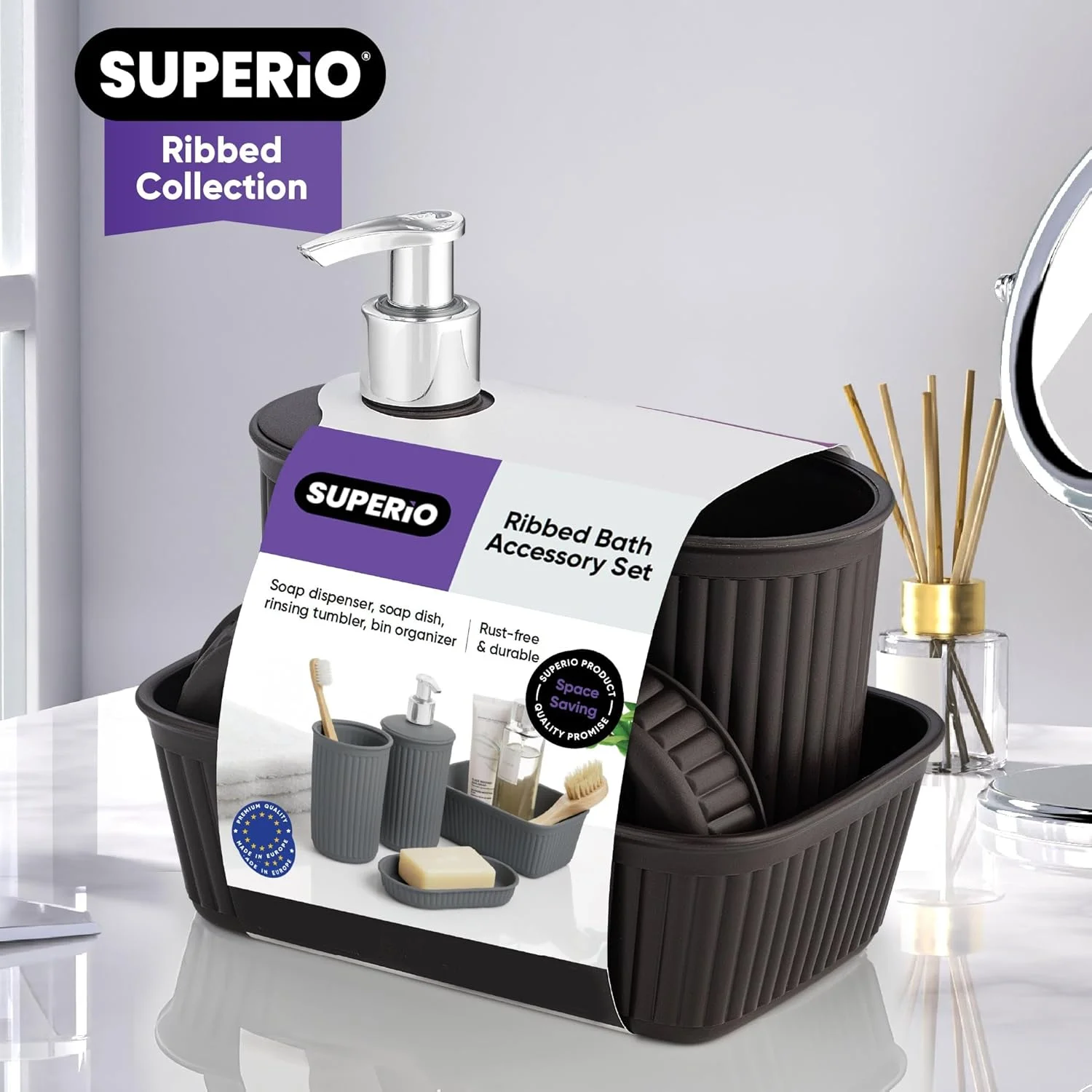 مجموعه راه راه سوپریو - ست لوازم جانبی پلاستیکی تزئینی حمام، قهوه ای (ست 4 تکه) جای صابون، جای مایع، جا مسواکی، سینی سازمان دهنده روشویی، دکور هدیه روی میز حمام