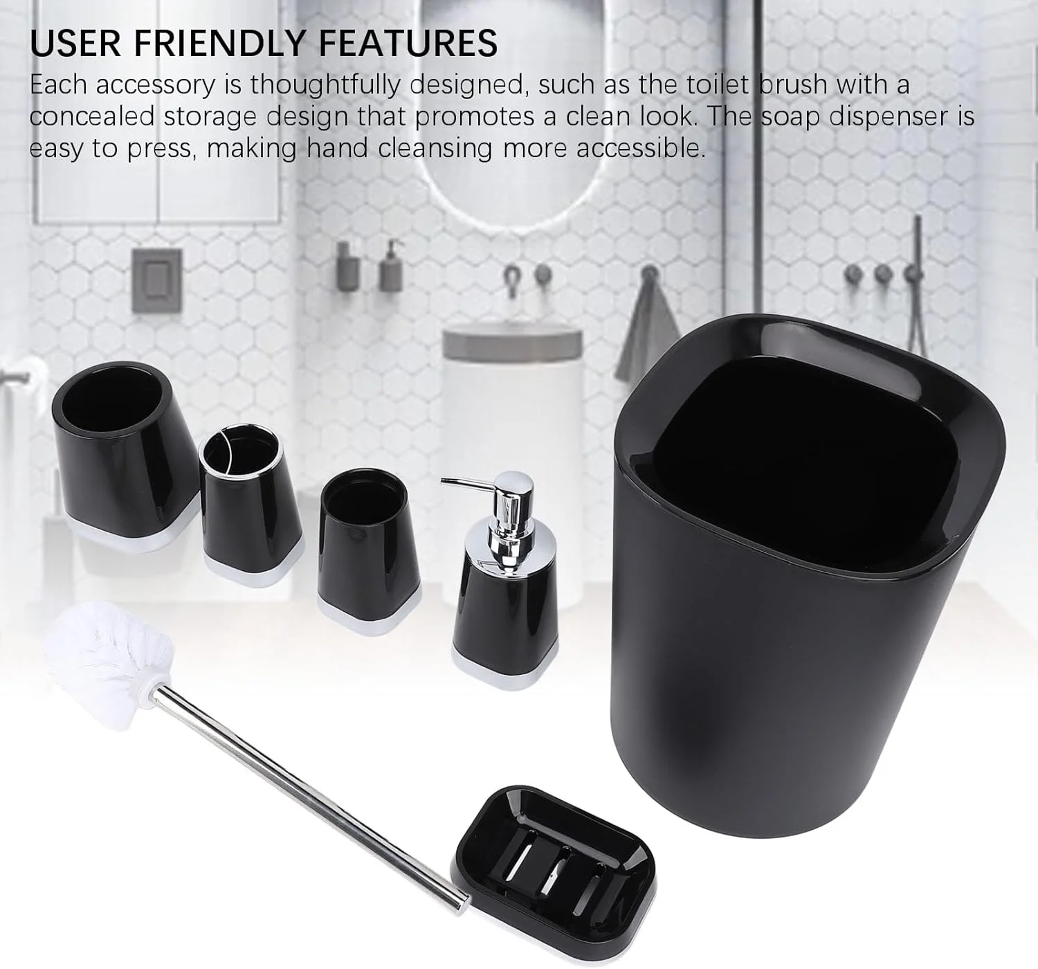 ست لوازم جانبی حمام Sunisfa، ساخته شده از مواد PP با کیفیت، طراحی مدرن و مینیمالیستی، استفاده آسان، ست کاربردی حمام برای منزل شامل سطل زباله، جا مایع صابون و برس توالت