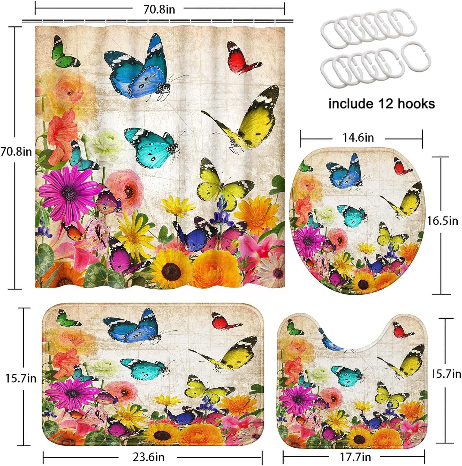 ست لوازم حمام با طرح گل و پروانه شامل پرده حمام و پادری، پرده حمام با طرح پروانه برای دکوراسیون حمام با طرح گل قدیمی، 4 تکه ست لوازم حمام با طرح گل و پروانه شامل پرده حمام و پادری، پرده حمام با طرح پروانه برای دکوراسیون حمام با طرح گل قدیمی، 4 تکه