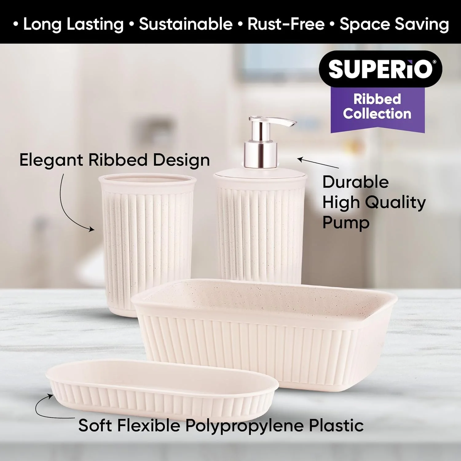 مجموعه دنده ای سوپریو - ست لوازم جانبی پلاستیکی تزئینی سازگار با محیط زیست برای حمام، (ست 4 تکه) جای صابون، پخش کننده مایع، جا مسواکی، سینی سازمان دهنده روشویی - هدیه دکور حمام