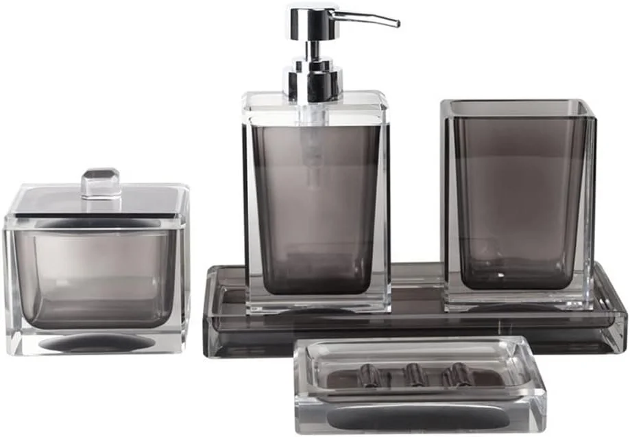 ست پنج تکه لوازم جانبی حمام شامل جا صابونی رزینی، لیوان شستشو، جعبه نگهداری وسایل، مناسب منزل، هتل و طراحی به سبک نوردیک