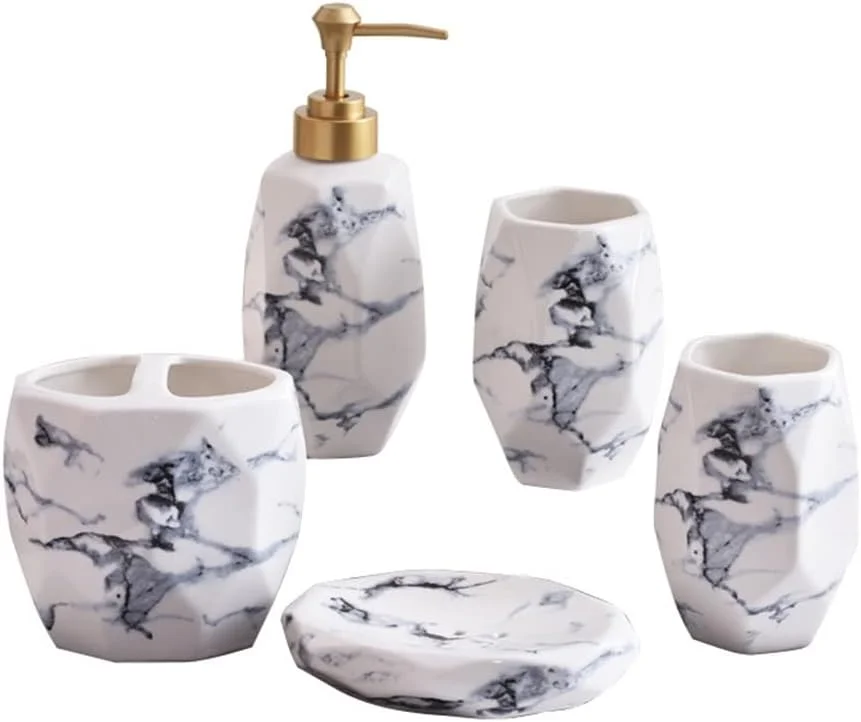 ست لوازم جانبی سرامیکی سفید تزئینی حمام TALSAK، شامل 5 قطعه: جا مایع صابون، جا مسواکی، 2 لیوان، جا صابونی با طرح مرمر نوردیک
