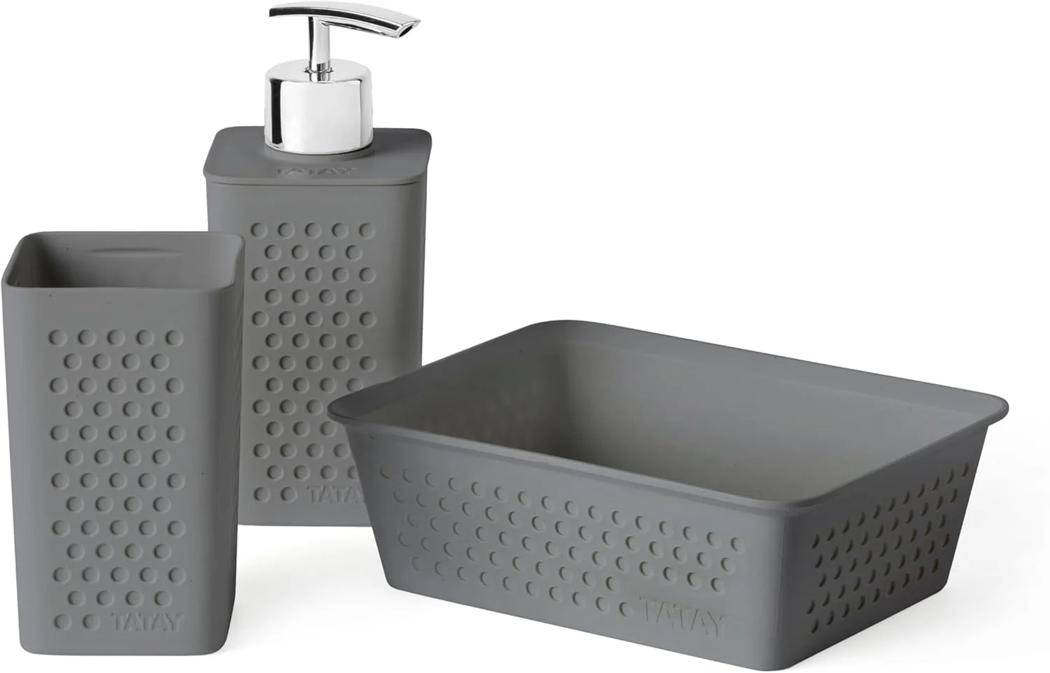 ست سه تکه لوازم بهداشتی رومیزی تاتای (جا مسواکی + جا مایع + ارگانایزر A6) مدل Bohol، پلی پروپیلن، فاقد BPA، ساخته شده از پلاستیک 100% بازیافتی، خاکستری زغالی