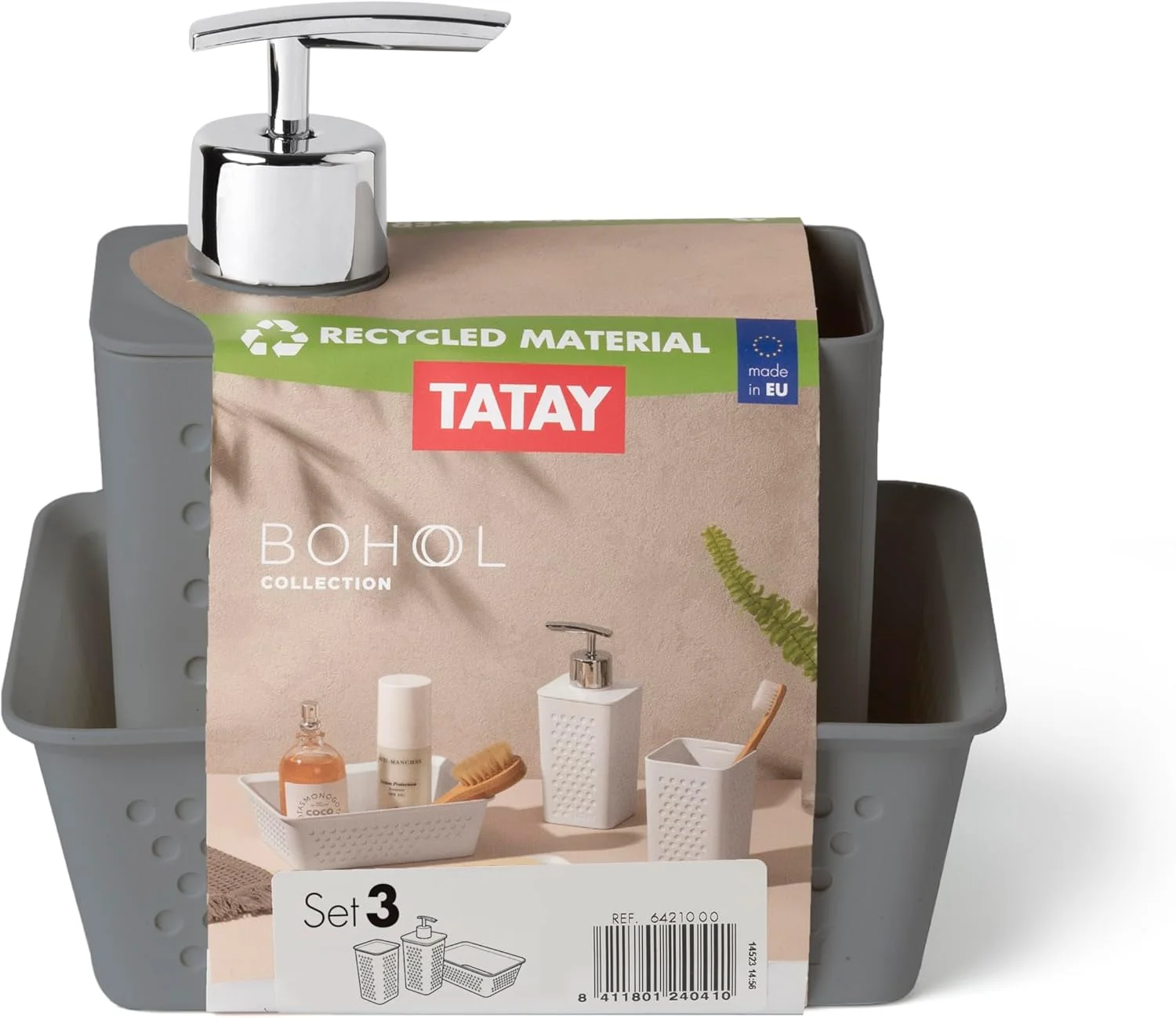 ست سه تکه لوازم بهداشتی رومیزی تاتای (جا مسواکی + جا مایع + ارگانایزر A6) مدل Bohol، پلی پروپیلن، فاقد BPA، ساخته شده از پلاستیک 100% بازیافتی، خاکستری زغالی