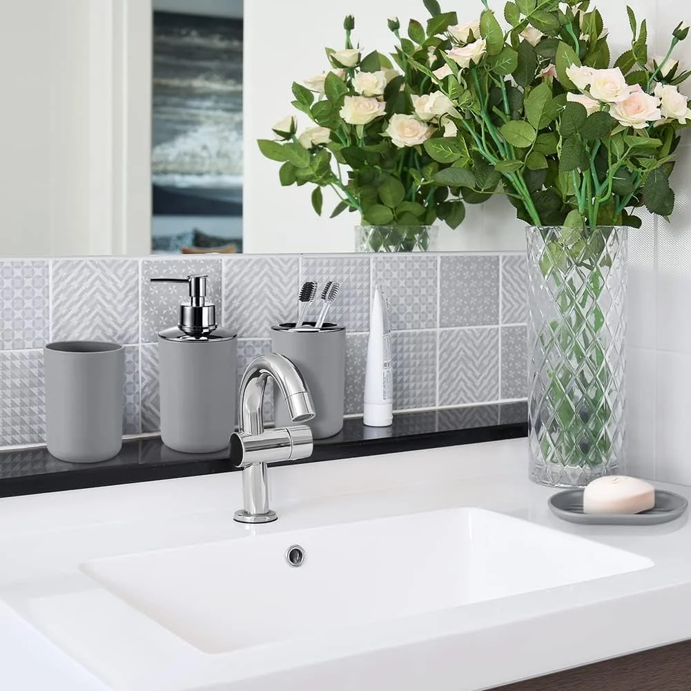 ست لوازم جانبی حمام SYOSI، مجموعه 6 تکه شامل جا مایع صابون، جا مسواکی، لیوان مسواک، جا صابونی برای پیشخوان تزئینی و هدیه خانه نویی (خاکستری)