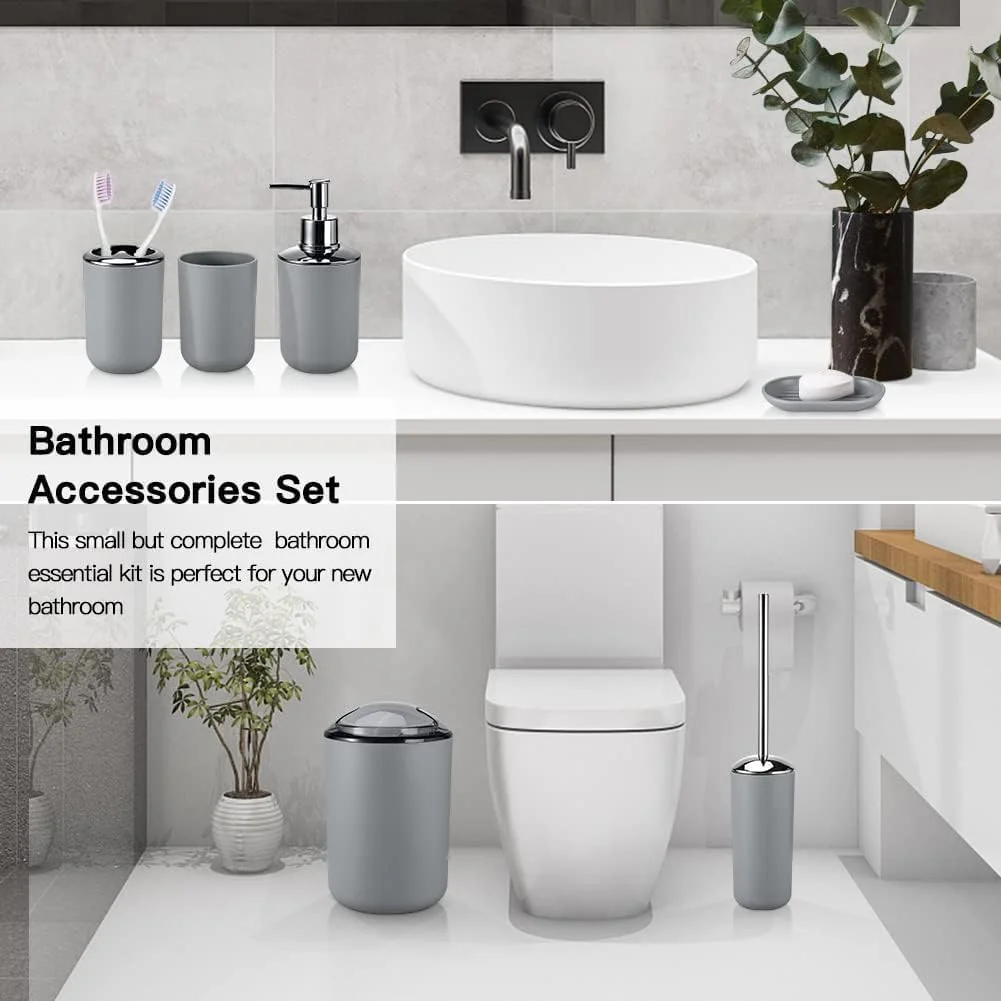 ست لوازم جانبی حمام SYOSI، مجموعه 6 تکه شامل جا مایع صابون، جا مسواکی، لیوان مسواک، جا صابونی برای پیشخوان تزئینی و هدیه خانه نویی (خاکستری)