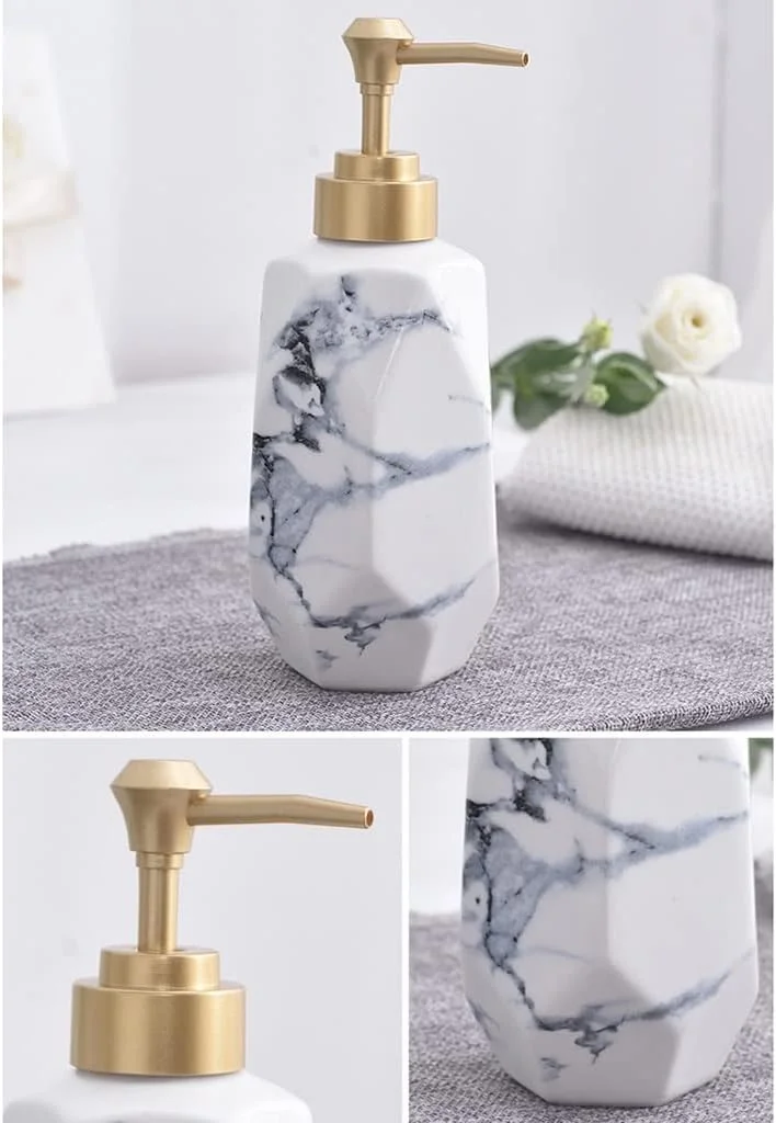 ست لوازم جانبی سرامیکی سفید تزئینی حمام TALSAK، شامل 5 قطعه: جا مایع صابون، جا مسواکی، 2 لیوان، جا صابونی با طرح مرمر نوردیک