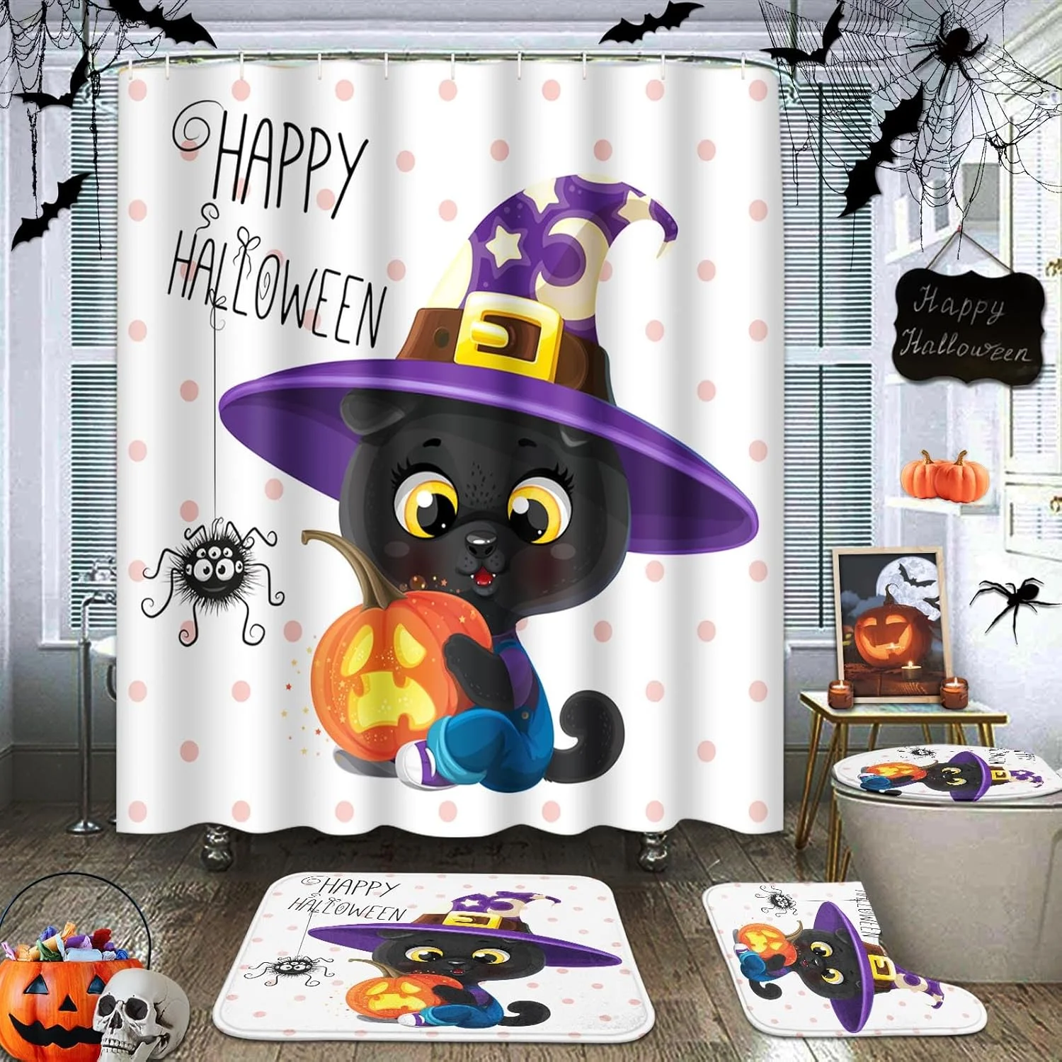 ست پرده حمام طرح هالووین Tayney، شامل پرده حمام، فرش ضد لغزش، روکش درب توالت و پادری، طرح کدو تنبل و گربه کارتونی، مناسب دکوراسیون حمام ست پرده حمام طرح هالووین Tayney، شامل پرده حمام، فرش ضد لغزش، روکش درب توالت و پادری، طرح کدو تنبل و گربه کارتونی، مناسب دکوراسیون حمام