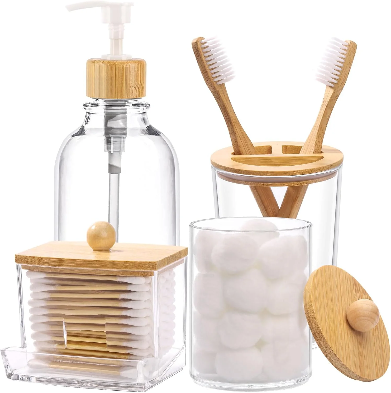 ست لوازم جانبی حمام بامبو Tbestmax، ۴ تکه - جا مسواکی شفاف، جا مایع صابون پلاستیکی و ۲ عدد جا گوش پاک کن/پد/توپ پنبه ست لوازم جانبی حمام بامبو Tbestmax، ۴ تکه - جا مسواکی شفاف، جا مایع صابون پلاستیکی و ۲ عدد جا گوش پاک کن/پد/توپ پنبه