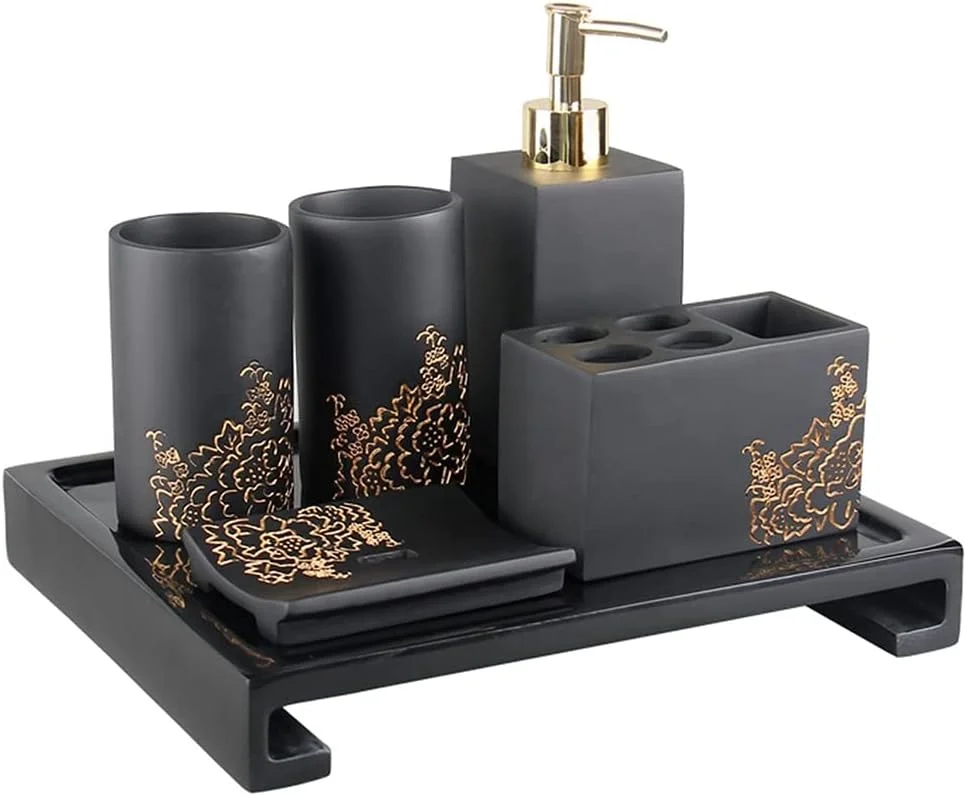 ست لوازم حمام لوکس 6 تکه رزینی با طرح گل صد تومانی، شامل جای مایع صابون، لیوان مسواک، جای صابون، جا مسواکی، ست دکوری حمام، مشکی ست لوازم حمام لوکس 6 تکه رزینی با طرح گل صد تومانی، شامل جای مایع صابون، لیوان مسواک، جای صابون، جا مسواکی، ست دکوری حمام، مشکی