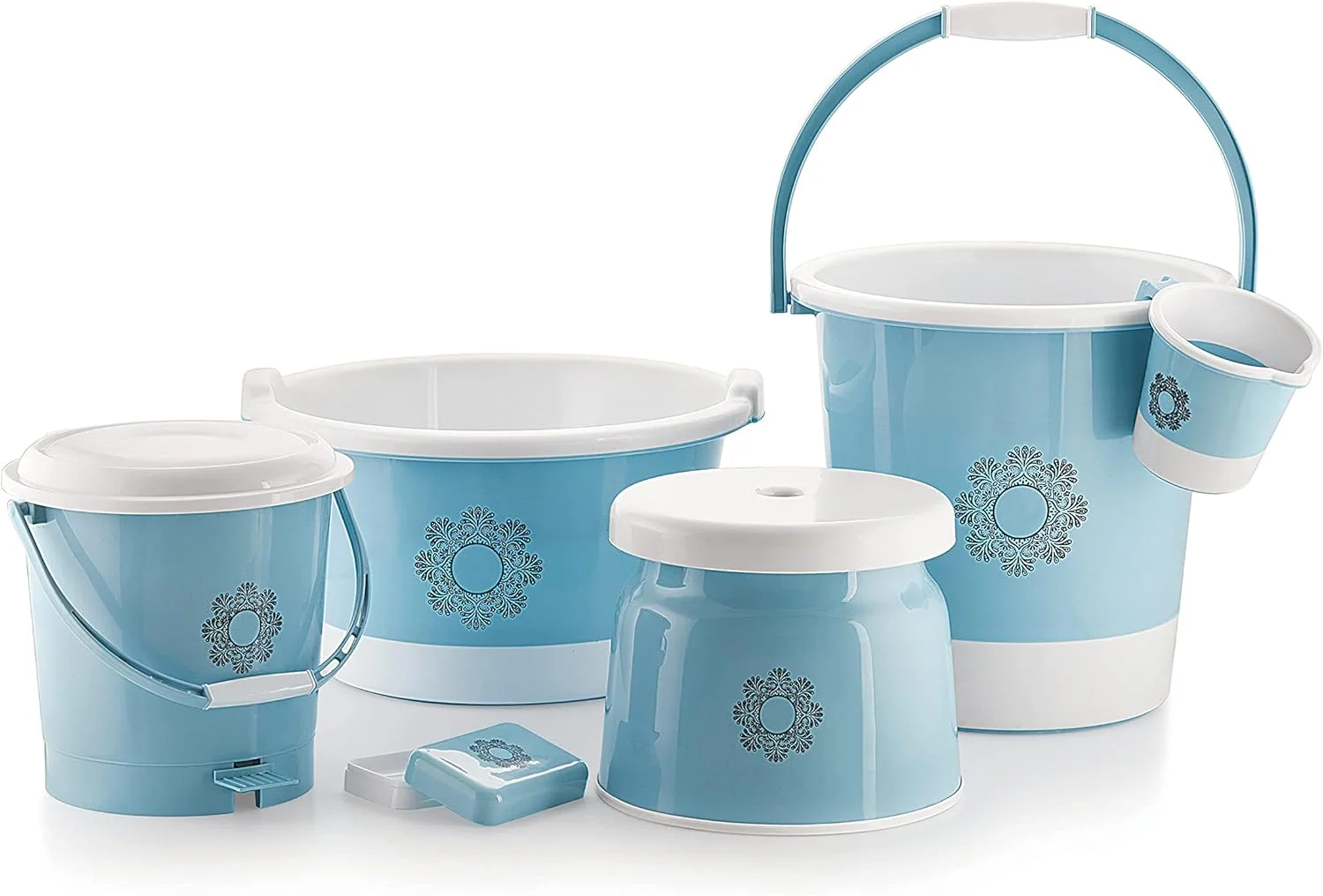 ست پلاستیکی حمام تدمیل شامل سطل 20 لیتری، لگن 18 لیتری، سطل زباله، پاتلا، جا صابونی و لیوان 900 میلی لیتری، 6 تکه، مقاوم، ظرفیت بالا، رنگ: آبی پاستلی