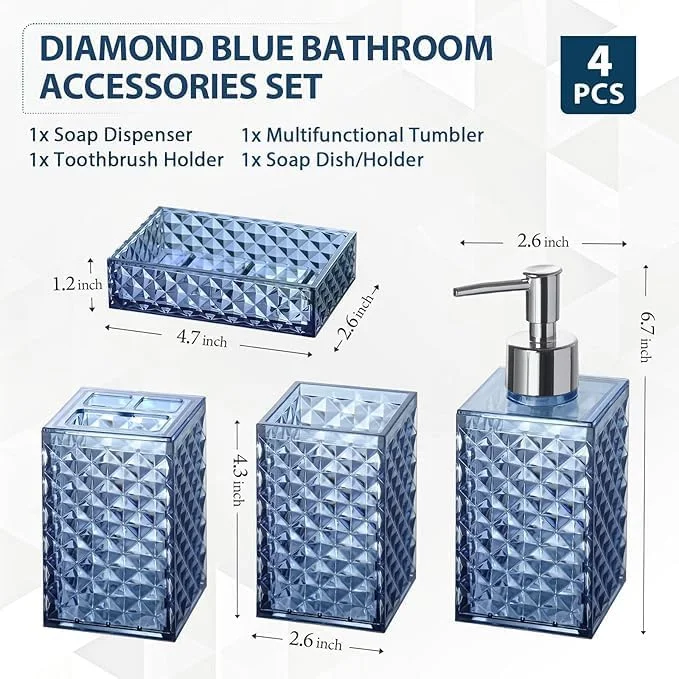 ست لوازم جانبی حمام تزویق، ست کامل 4 تکه لوازم جانبی حمام اکریلیک آبی، جا مایع ظرفشویی الماسی و ست سینک پیشخوان حمام نگهدارنده مسواک، دکوراسیون حمام مدرن بوهو