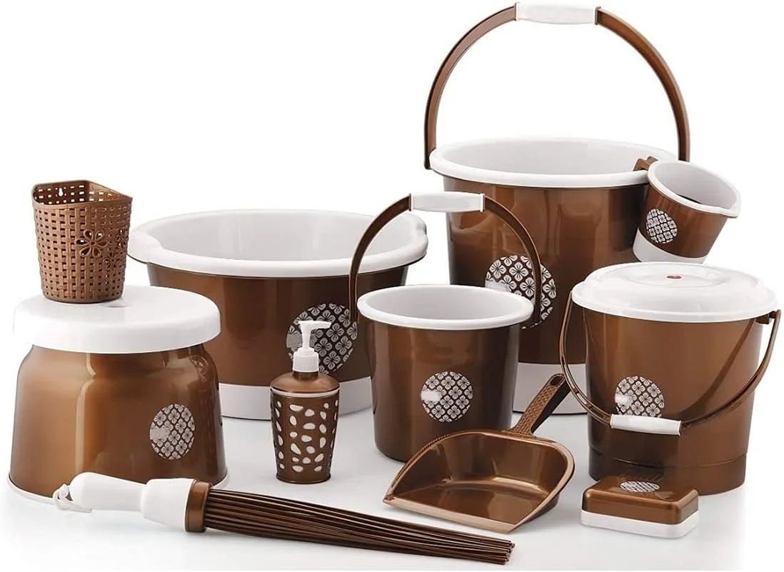 ست سطل، لگن و لیوان پلاستیکی حمام 11 تکه تِدِمِل لیزا، مقاوم، ظرفیت بزرگ (قهوه ای)