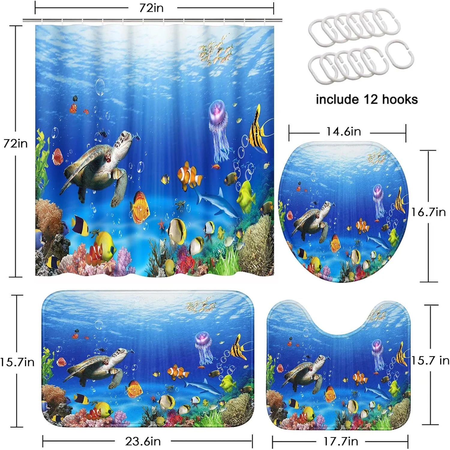 ست پرده حمام طرح ماهی های گرمسیری به همراه روکش درب توالت و پادری ضد لغزش، طرح دنیای زیر آب لاکپشت اقیانوسی، ست 4 تکه پرده حمام به همراه 12 عدد قلاب، ست حمام کودک به همراه پادری و لوازم جانبی