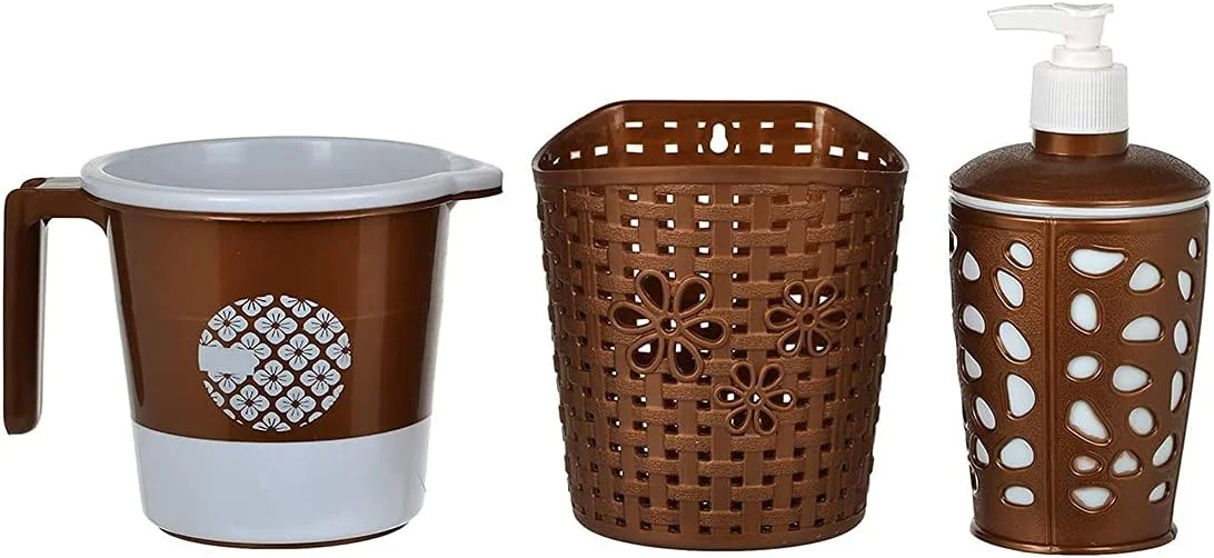 ست سطل پلاستیکی، لگن و لیوان حمام تِدِمِل لیزا ۱۱ تکه، مقاوم، ظرفیت بزرگ (قهوه ای)