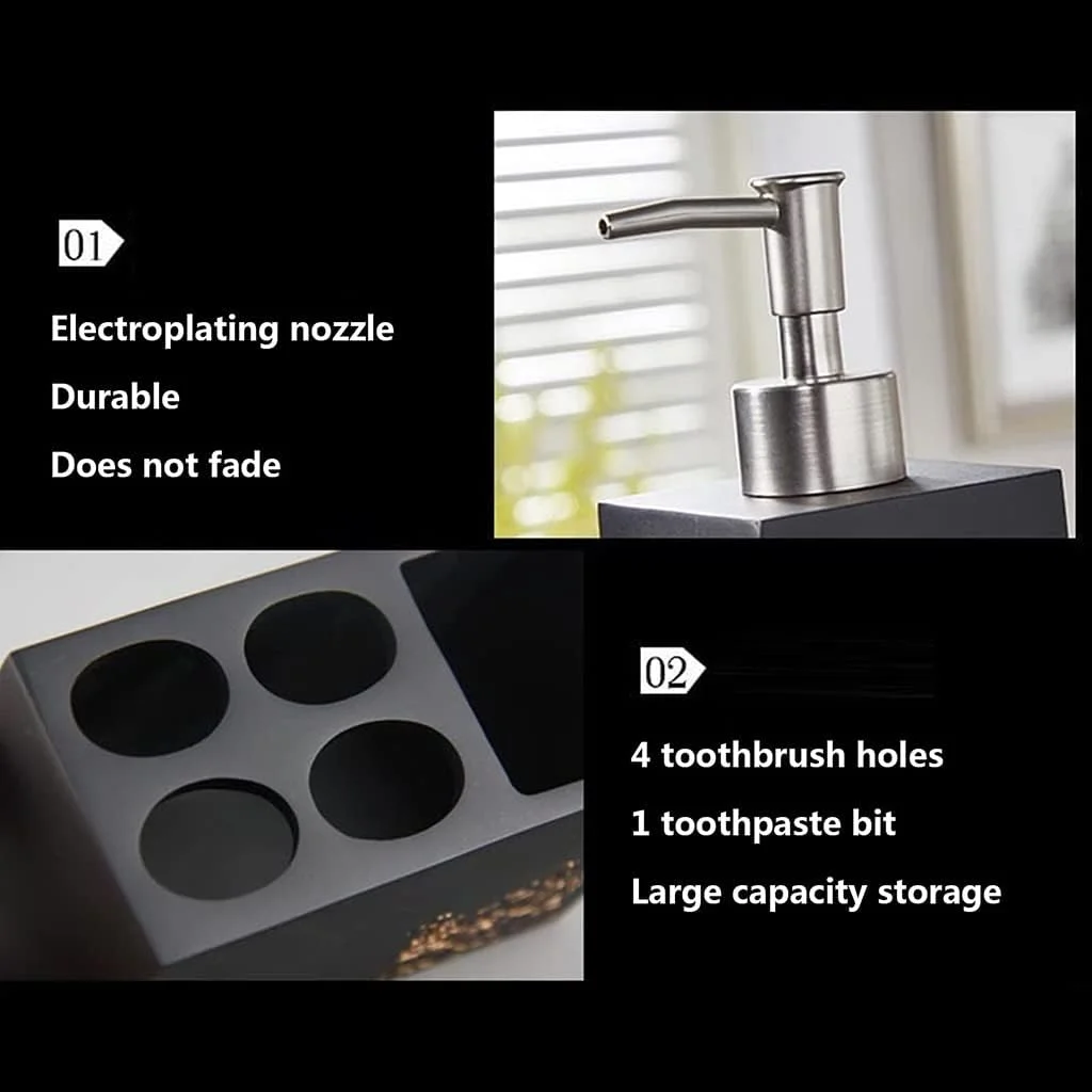 ست لوازم حمام لوکس 6 تکه رزینی با طرح گل صد تومانی، شامل جای مایع صابون، لیوان مسواک، جای صابون، جا مسواکی، ست دکوری حمام، مشکی ست لوازم حمام لوکس 6 تکه رزینی با طرح گل صد تومانی، شامل جای مایع صابون، لیوان مسواک، جای صابون، جا مسواکی، ست دکوری حمام، مشکی