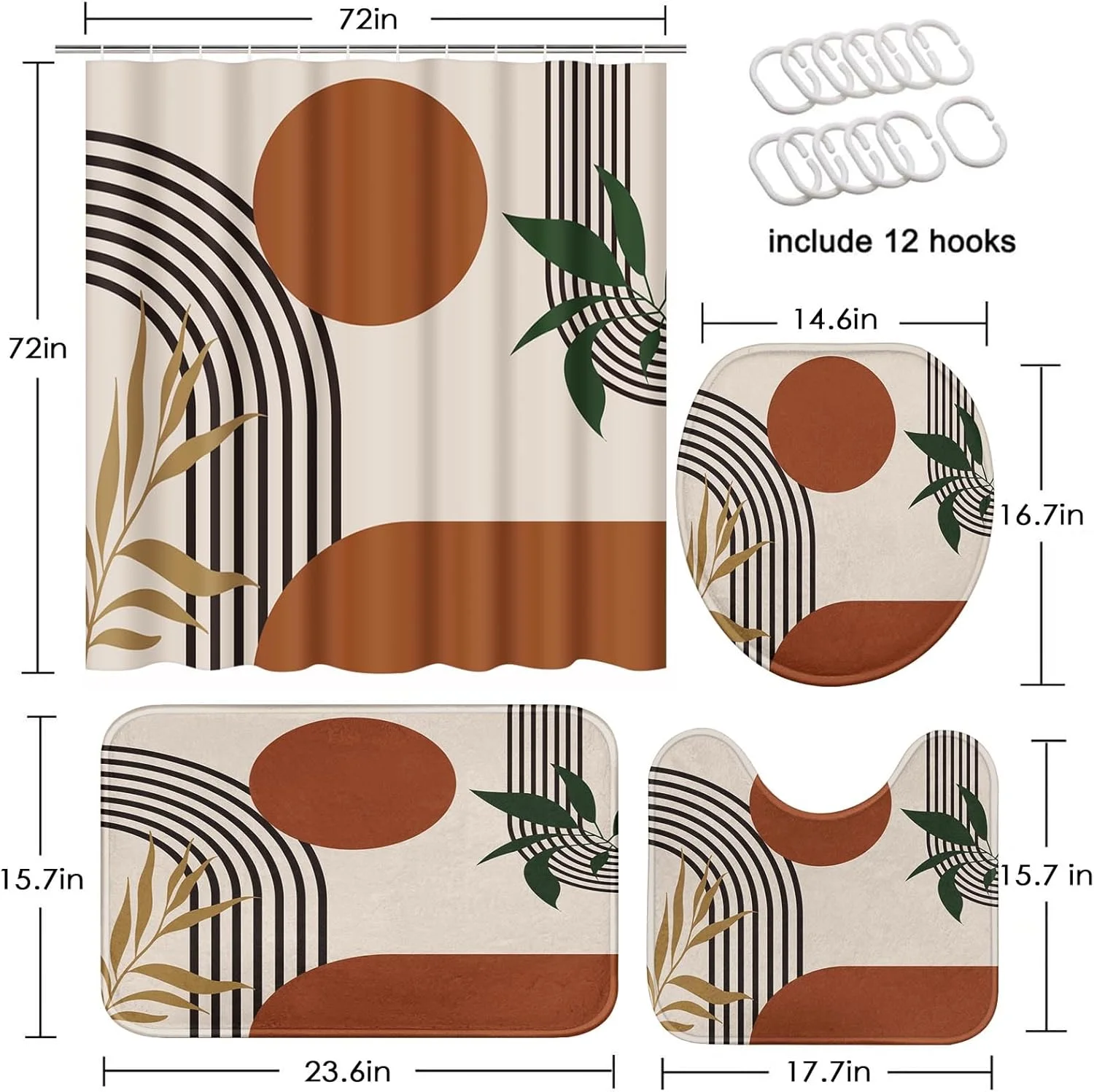 ست پرده حمام بوهو با طرح اواسط قرن، شامل روکش درب توالت و فرش های ضد لغزش، ست پرده حمام هندسی انتزاعی مدرن مینیمالیستی 4 تکه برای حمام به همراه 12 عدد قلاب ست پرده حمام بوهو با طرح اواسط قرن، شامل روکش درب توالت و فرش های ضد لغزش، ست پرده حمام هندسی انتزاعی مدرن مینیمالیستی 4 تکه برای حمام به همراه 12 عدد قلاب
