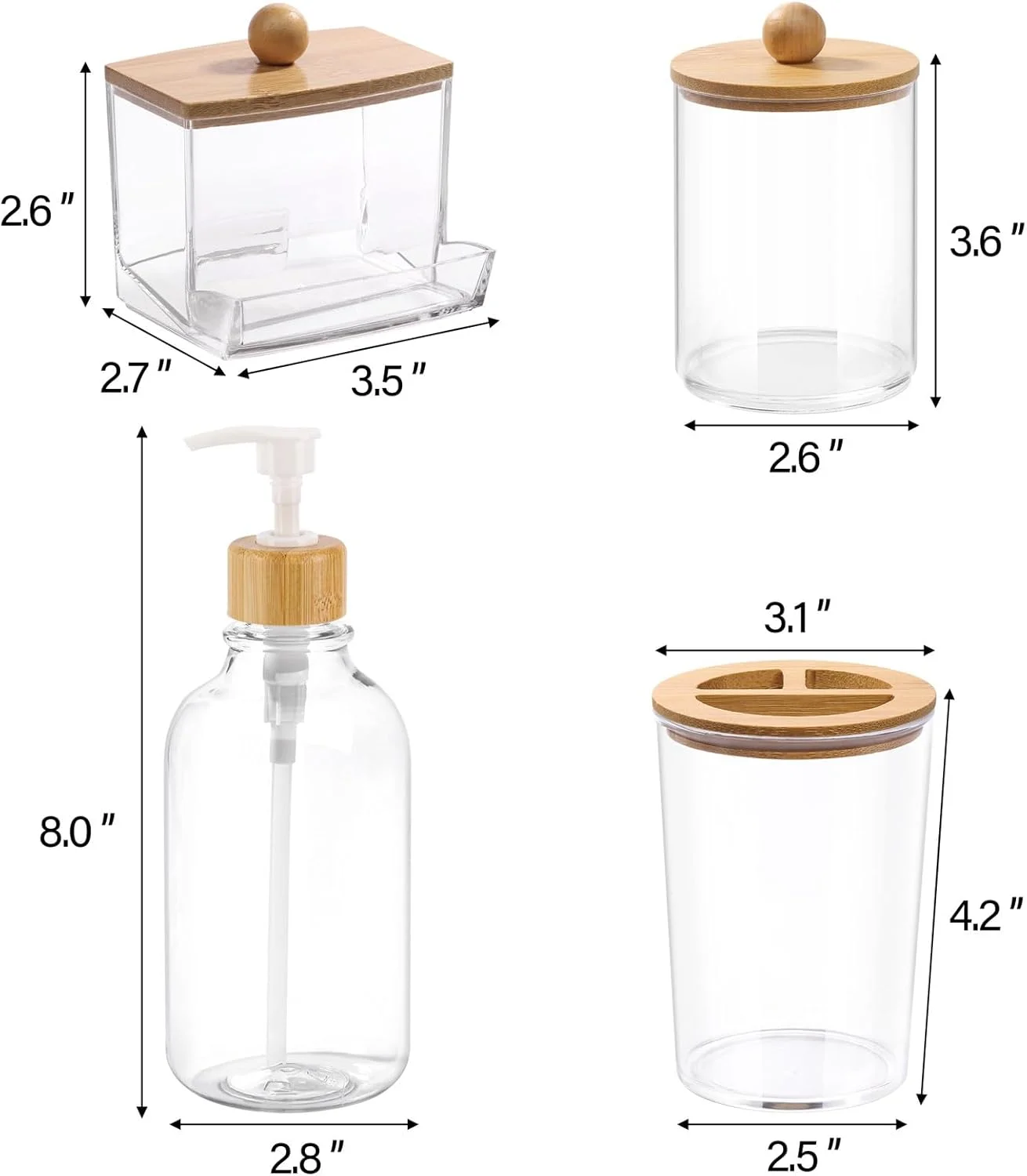 ست لوازم جانبی حمام بامبو Tbestmax، ۴ تکه - جا مسواکی شفاف، جا مایع صابون پلاستیکی و ۲ عدد جا گوش پاک کن/پد/توپ پنبه