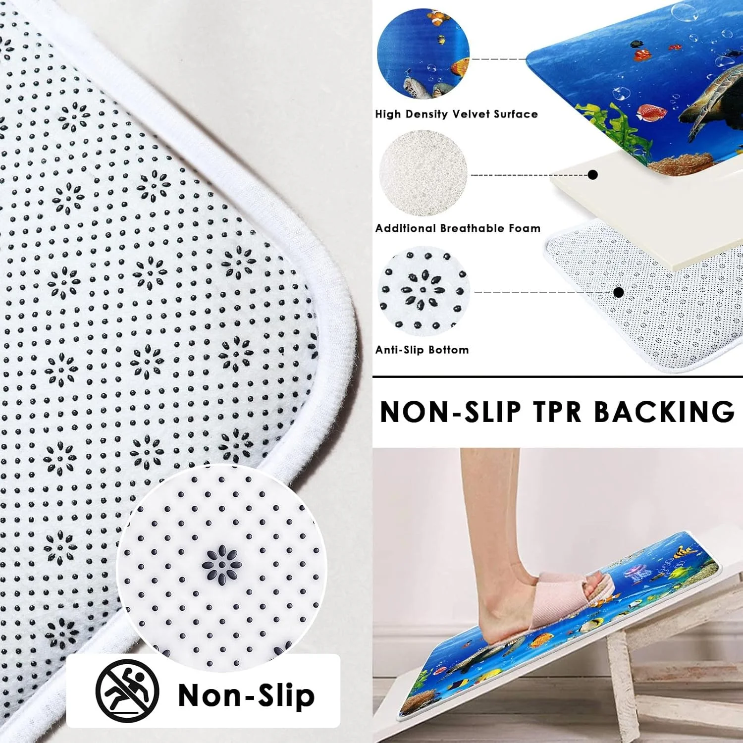 ست پرده حمام طرح ماهی های گرمسیری به همراه روکش درب توالت و پادری ضد لغزش، طرح دنیای زیر آب لاکپشت اقیانوسی، ست 4 تکه پرده حمام به همراه 12 عدد قلاب، ست حمام کودک به همراه پادری و لوازم جانبی