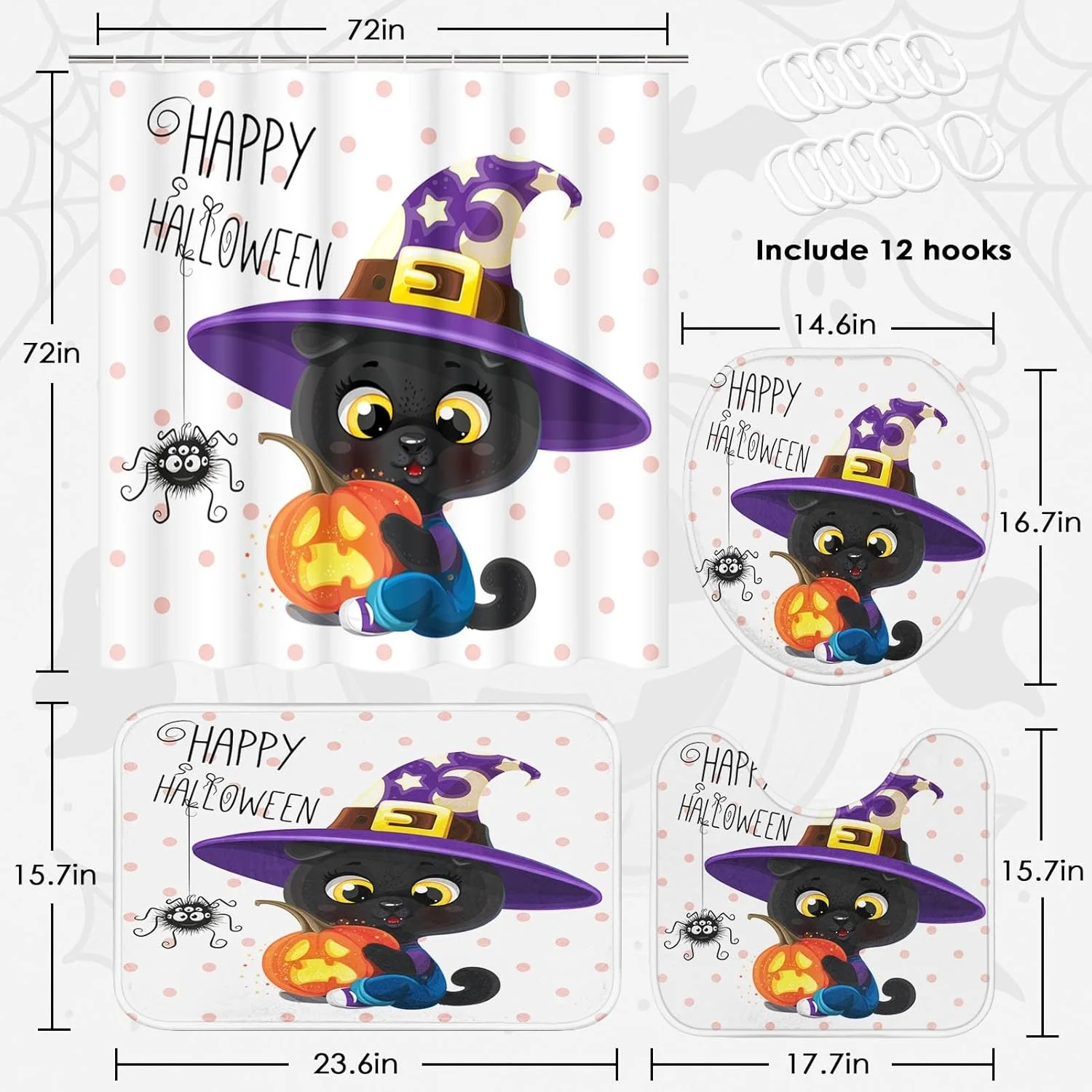 ست پرده حمام طرح هالووین Tayney، شامل پرده حمام، فرش ضد لغزش، روکش درب توالت و پادری، طرح کدو تنبل و گربه کارتونی، مناسب دکوراسیون حمام ست پرده حمام طرح هالووین Tayney، شامل پرده حمام، فرش ضد لغزش، روکش درب توالت و پادری، طرح کدو تنبل و گربه کارتونی، مناسب دکوراسیون حمام