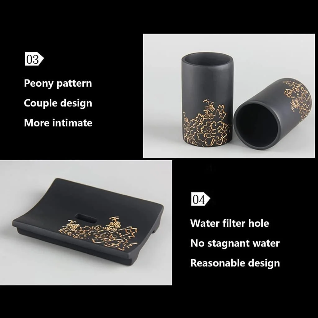 ست لوازم حمام لوکس 6 تکه رزینی با طرح گل صد تومانی، شامل جای مایع صابون، لیوان مسواک، جای صابون، جا مسواکی، ست دکوری حمام، مشکی ست لوازم حمام لوکس 6 تکه رزینی با طرح گل صد تومانی، شامل جای مایع صابون، لیوان مسواک، جای صابون، جا مسواکی، ست دکوری حمام، مشکی