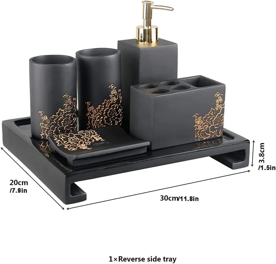 ست لوازم حمام لوکس 6 تکه رزینی با طرح گل صد تومانی، شامل جای مایع صابون، لیوان مسواک، جای صابون، جا مسواکی، ست دکوری حمام، مشکی ست لوازم حمام لوکس 6 تکه رزینی با طرح گل صد تومانی، شامل جای مایع صابون، لیوان مسواک، جای صابون، جا مسواکی، ست دکوری حمام، مشکی