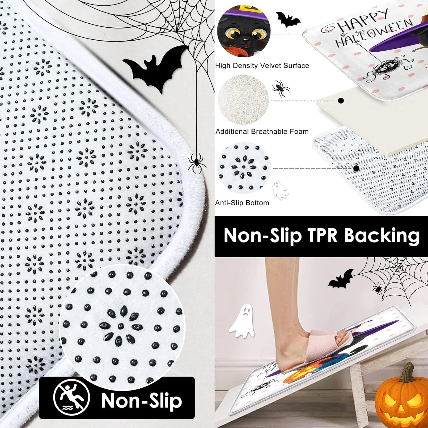 ست پرده حمام طرح هالووین Tayney، شامل پرده حمام، فرش ضد لغزش، روکش درب توالت و پادری، طرح کدو تنبل و گربه کارتونی، مناسب دکوراسیون حمام ست پرده حمام طرح هالووین Tayney، شامل پرده حمام، فرش ضد لغزش، روکش درب توالت و پادری، طرح کدو تنبل و گربه کارتونی، مناسب دکوراسیون حمام