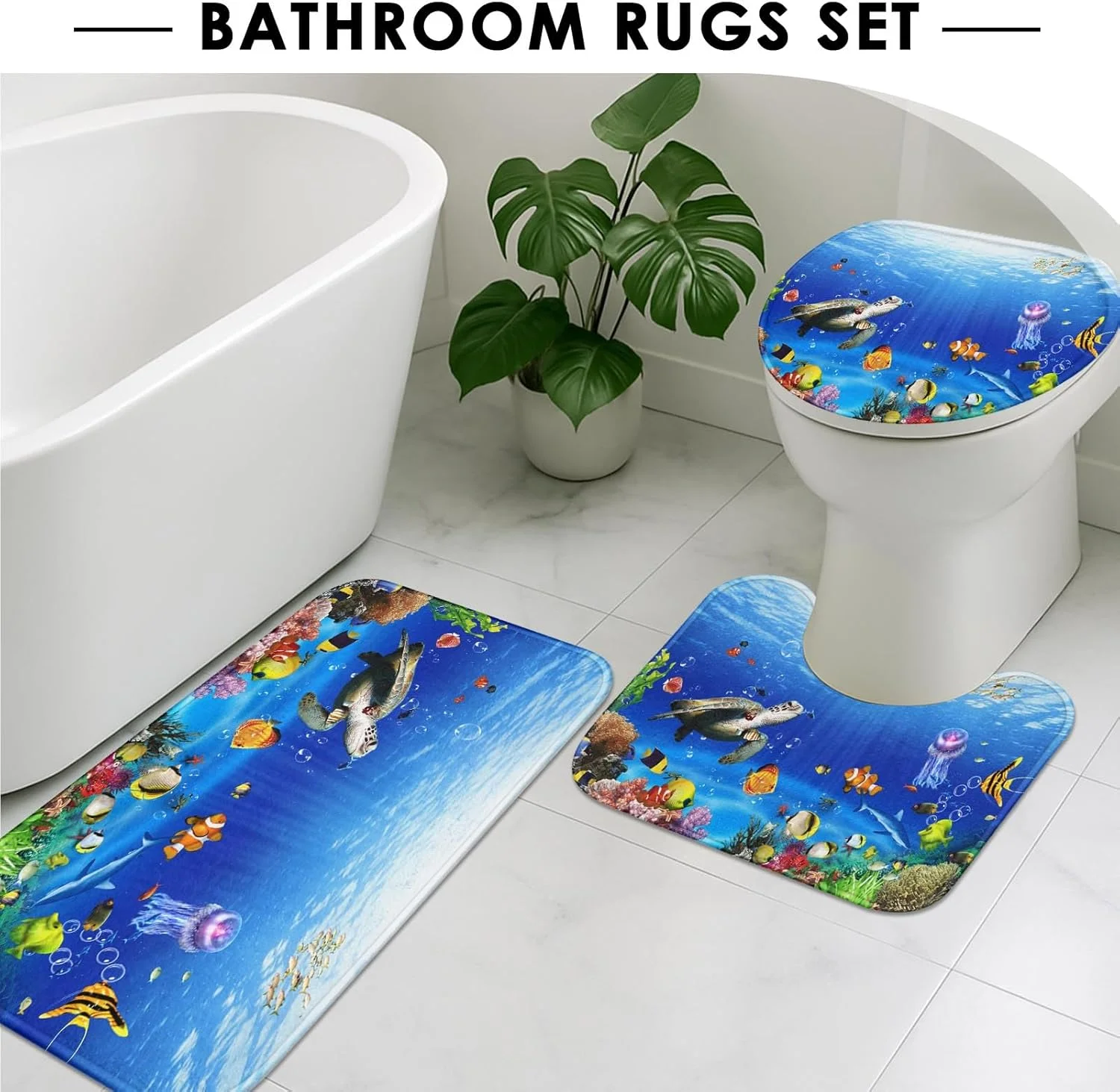 ست پرده حمام طرح ماهی های گرمسیری به همراه روکش درب توالت و پادری ضد لغزش، طرح دنیای زیر آب لاکپشت اقیانوسی، ست 4 تکه پرده حمام به همراه 12 عدد قلاب، ست حمام کودک به همراه پادری و لوازم جانبی
