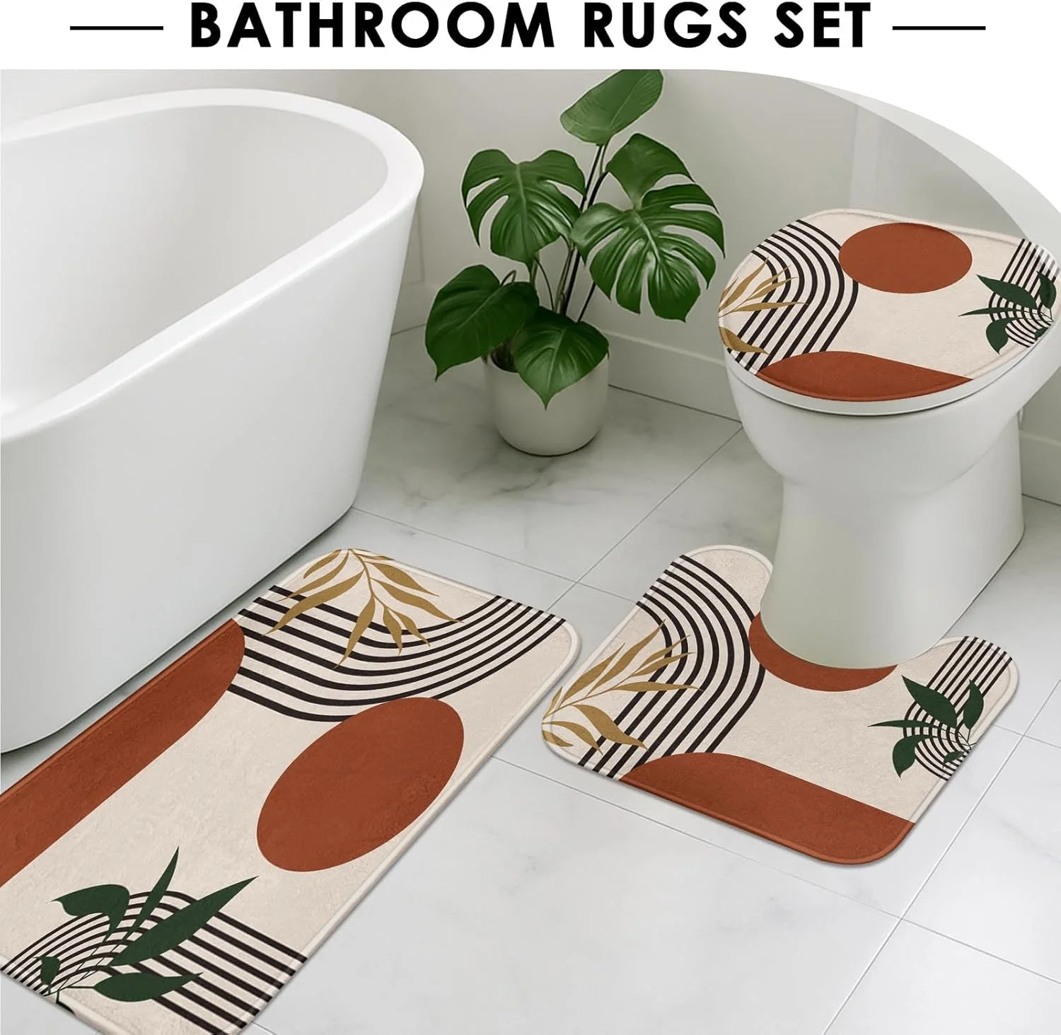 ست پرده حمام بوهو با طرح اواسط قرن، شامل روکش درب توالت و فرش های ضد لغزش، ست پرده حمام هندسی انتزاعی مدرن مینیمالیستی 4 تکه برای حمام به همراه 12 عدد قلاب ست پرده حمام بوهو با طرح اواسط قرن، شامل روکش درب توالت و فرش های ضد لغزش، ست پرده حمام هندسی انتزاعی مدرن مینیمالیستی 4 تکه برای حمام به همراه 12 عدد قلاب