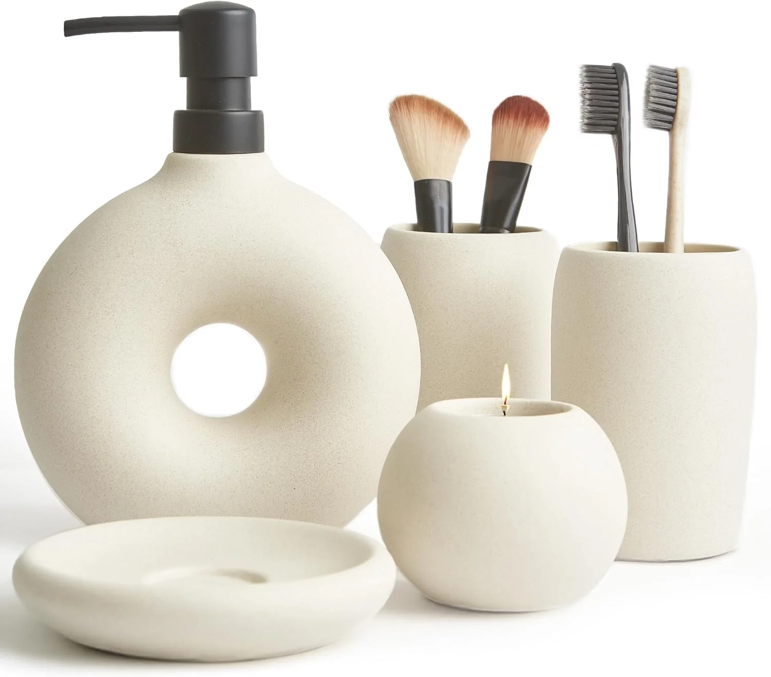 ست لوازم جانبی سرامیکی حمام Terramoza، ۵ تکه - شامل جا مایع صابون، لیوان مسواک، جا مسواکی، جا صابونی و جا شمعی - بژ، لعاب مات - دکوراسیون زیبای حمام ست لوازم جانبی سرامیکی حمام Terramoza، ۵ تکه - شامل جا مایع صابون، لیوان مسواک، جا مسواکی، جا صابونی و جا شمعی - بژ، لعاب مات - دکوراسیون زیبای حمام