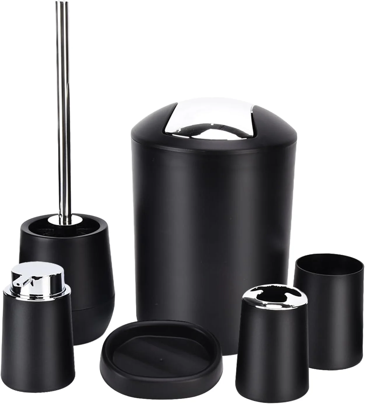 ست کامل لوازم جانبی حمام Tissting، طراحی مدرن، پلاستیک PP مشکی، شامل سطل زباله، برس توالت، جا مسواکی، جا مایع لوسیون، جا صابونی، لیوان ست کامل لوازم جانبی حمام Tissting، طراحی مدرن، پلاستیک PP مشکی، شامل سطل زباله، برس توالت، جا مسواکی، جا مایع لوسیون، جا صابونی، لیوان