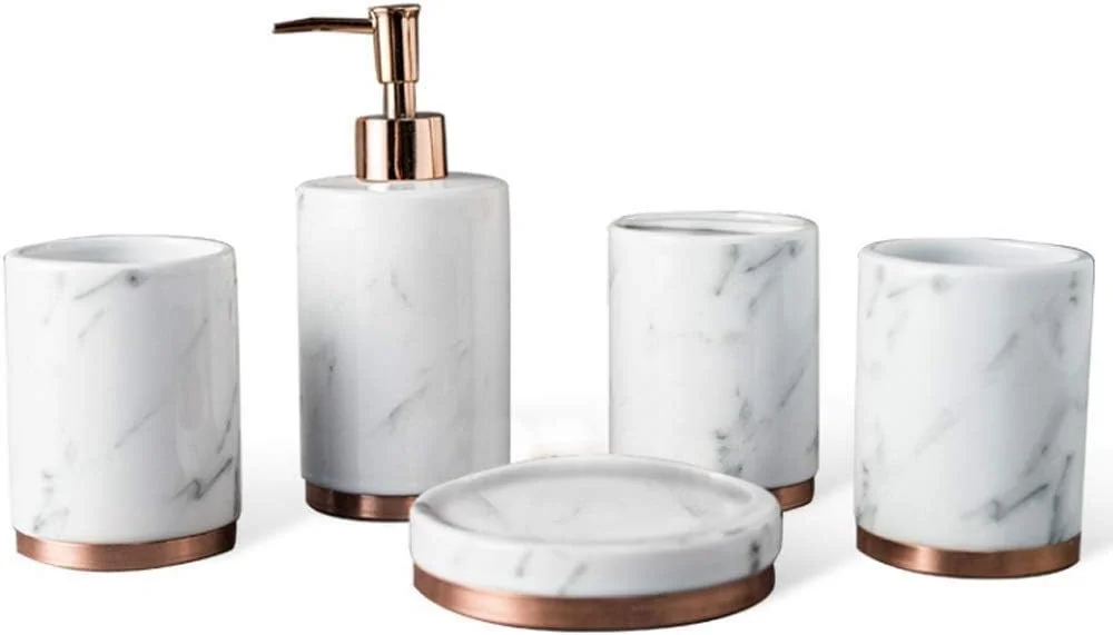 ست لوازم جانبی حمام، 5 تکه ست حمام، ست صابون طرح سنگ مرمر، جا مسواکی، جا صابونی، جا مایع صابون، قفسه خمیر دندان (رنگ: سفید) ست لوازم جانبی حمام، 5 تکه ست حمام، ست صابون طرح سنگ مرمر، جا مسواکی، جا صابونی، جا مایع صابون، قفسه خمیر دندان (رنگ: سفید)