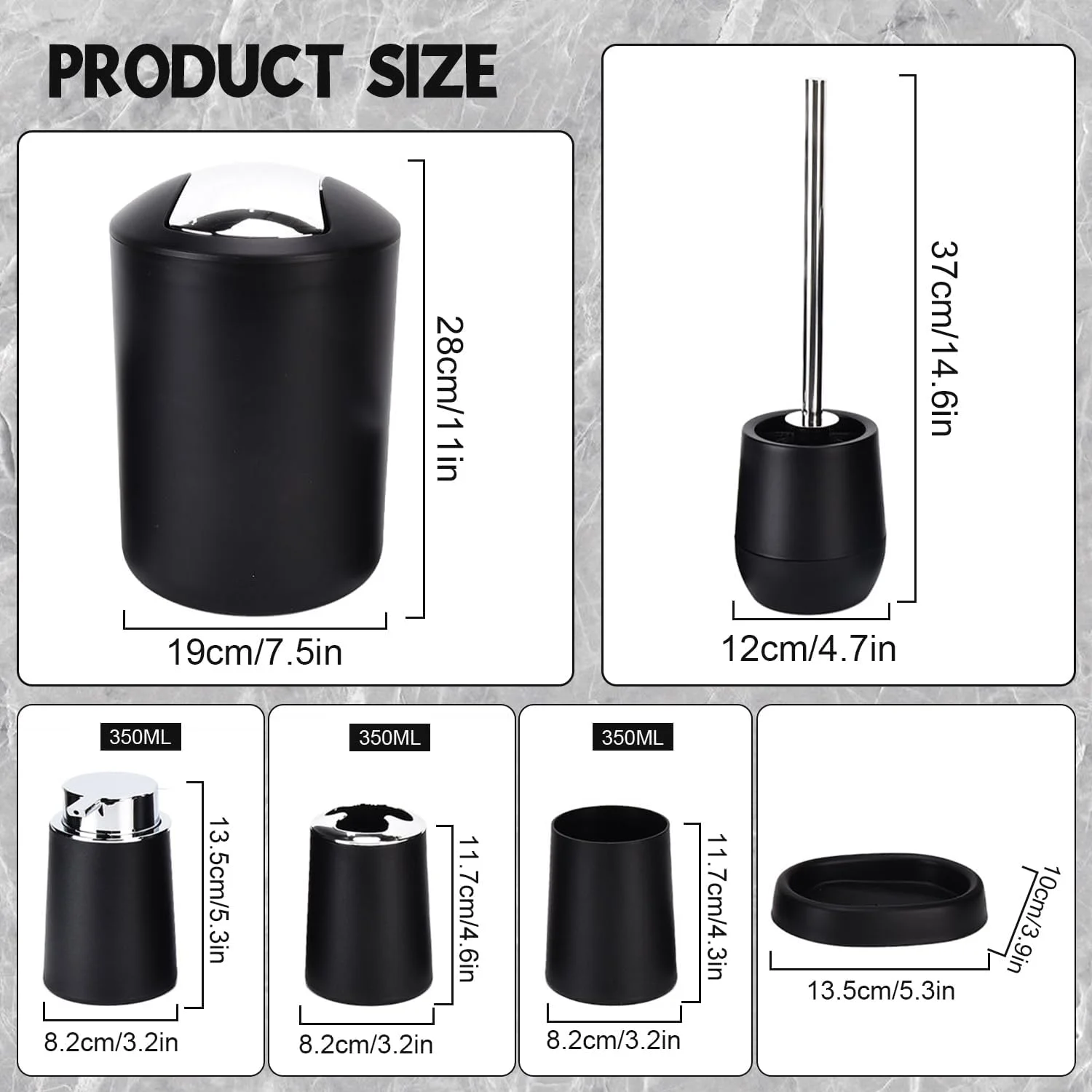 ست کامل لوازم جانبی حمام Tissting، طراحی مدرن، پلاستیک PP مشکی، شامل سطل زباله، برس توالت، جا مسواکی، جا مایع لوسیون، جا صابونی، لیوان ست کامل لوازم جانبی حمام Tissting، طراحی مدرن، پلاستیک PP مشکی، شامل سطل زباله، برس توالت، جا مسواکی، جا مایع لوسیون، جا صابونی، لیوان