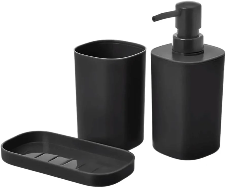 TIENDA EURASIA - ست جا مایع، جا صابونی و جا مسواکی، ست لوازم حمام، ست 3 تکه لوازم جانبی حمام، دکوراسیون حمام از جنس PP، طراحی مدرن و کاربردی (مشکی) TIENDA EURASIA - ست جا مایع، جا صابونی و جا مسواکی، ست لوازم حمام، ست 3 تکه لوازم جانبی حمام، دکوراسیون حمام از جنس PP، طراحی مدرن و کاربردی (مشکی)