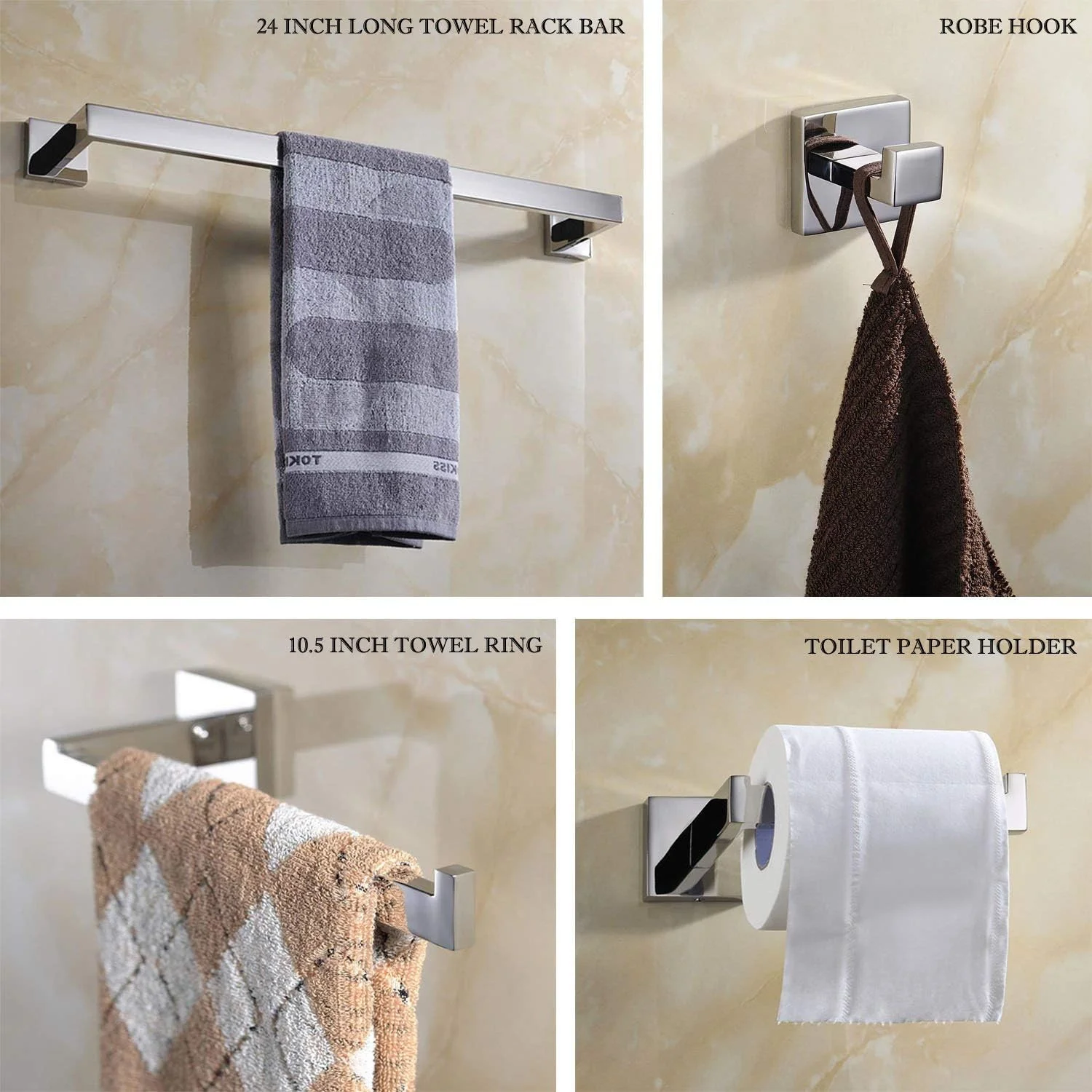 ست لوازم جانبی حمام ThinkTop، استیل ضد زنگ با روکش کروم، نصب دیواری مربعی، ست 5 تکه شامل حلقه حوله، میله حوله 60 سانتی متری، جا دستمال توالت، 2 عدد آویز لباس ست لوازم جانبی حمام ThinkTop، استیل ضد زنگ با روکش کروم، نصب دیواری مربعی، ست 5 تکه شامل حلقه حوله، میله حوله 60 سانتی متری، جا دستمال توالت، 2 عدد آویز لباس