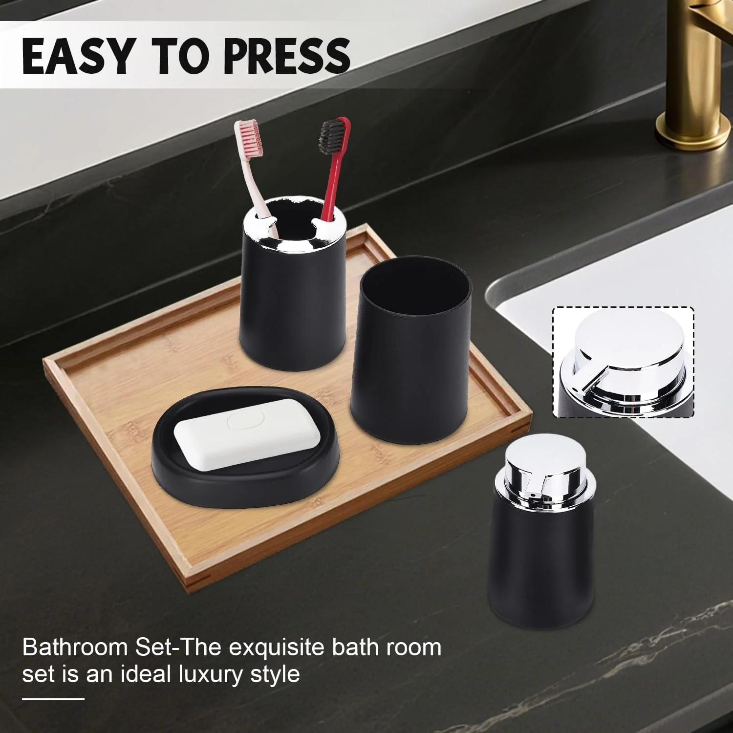 ست کامل لوازم جانبی حمام Tissting، طراحی مدرن، پلاستیک PP مشکی، شامل سطل زباله، برس توالت، جا مسواکی، جا مایع لوسیون، جا صابونی، لیوان ست کامل لوازم جانبی حمام Tissting، طراحی مدرن، پلاستیک PP مشکی، شامل سطل زباله، برس توالت، جا مسواکی، جا مایع لوسیون، جا صابونی، لیوان